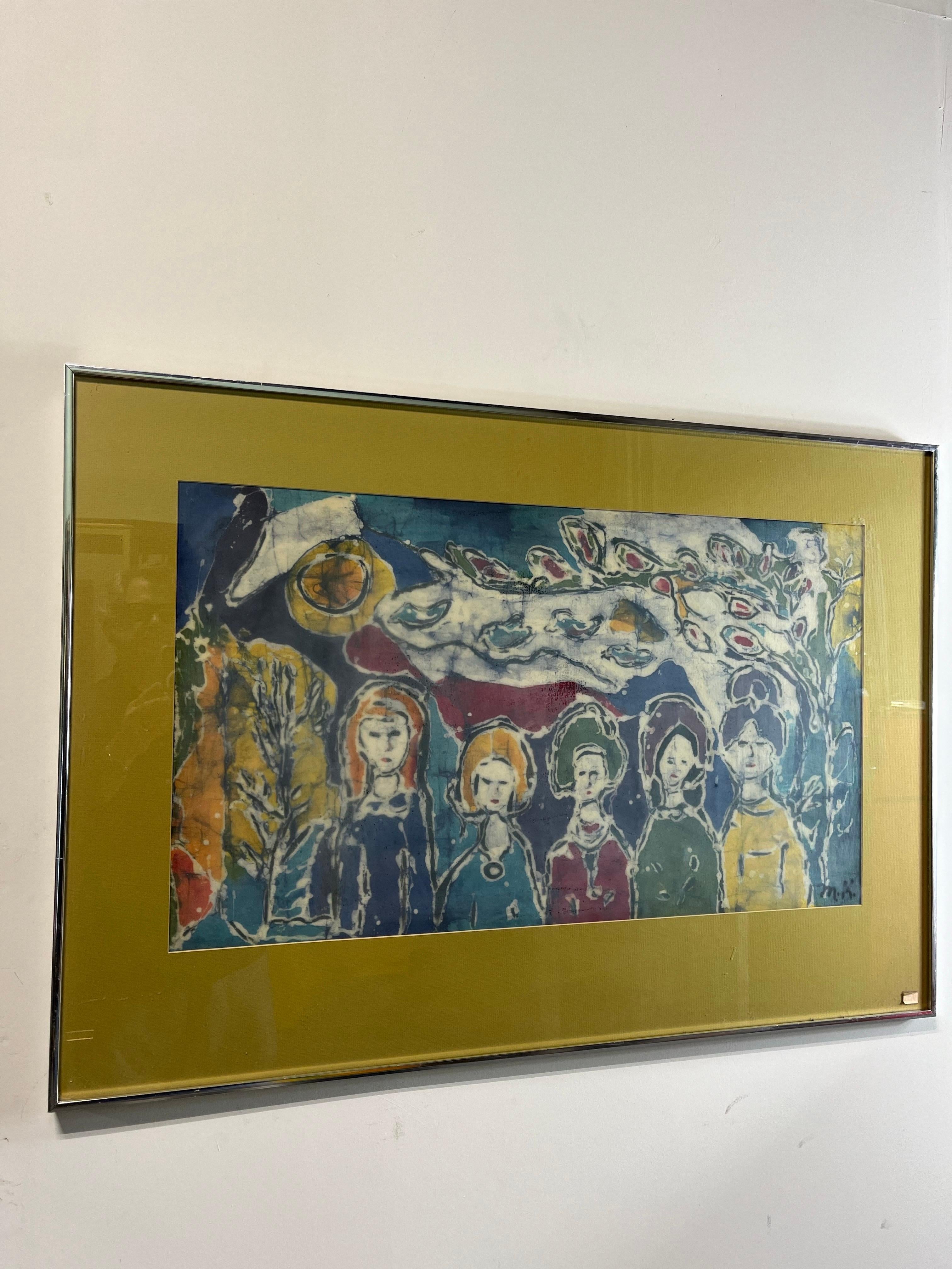 Des couleurs brillantes dans cette peinture Batik de l'artiste Marion Knudsen du New Jersey. Intitulé Five Sisters. Signé par l'artiste et encadré dans un cadre en métal brossé. Il s'agit de l'un des 27 exemplaires d'une collection.