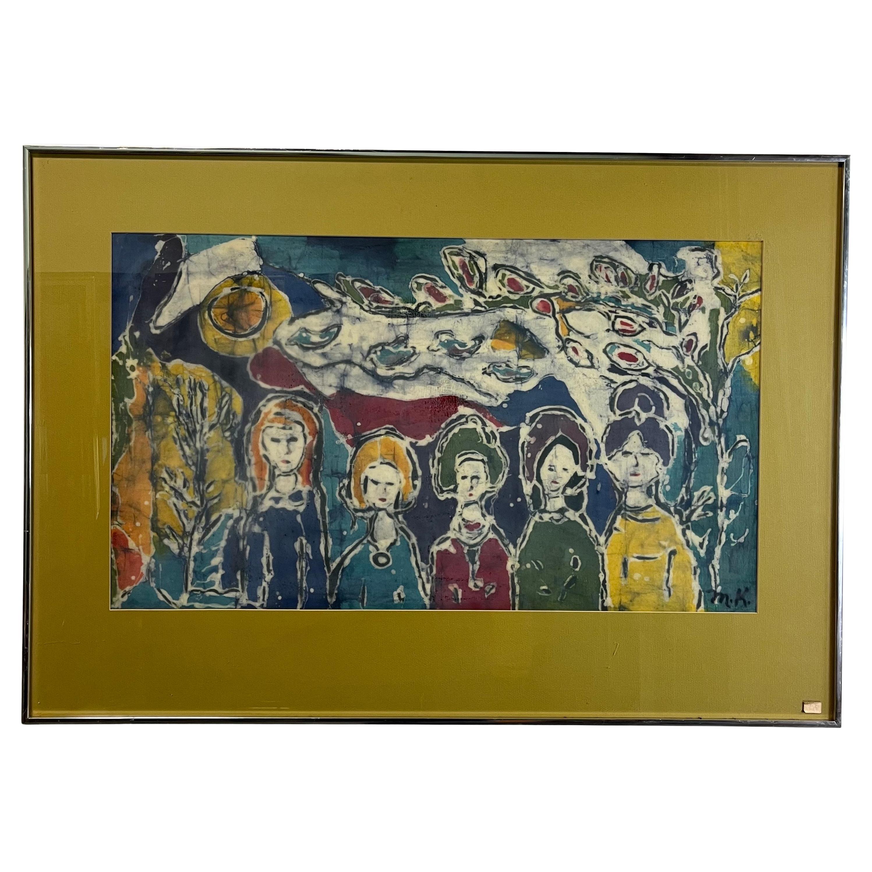 Mid Century Batik Painting Five Sisters Marion Knudsen