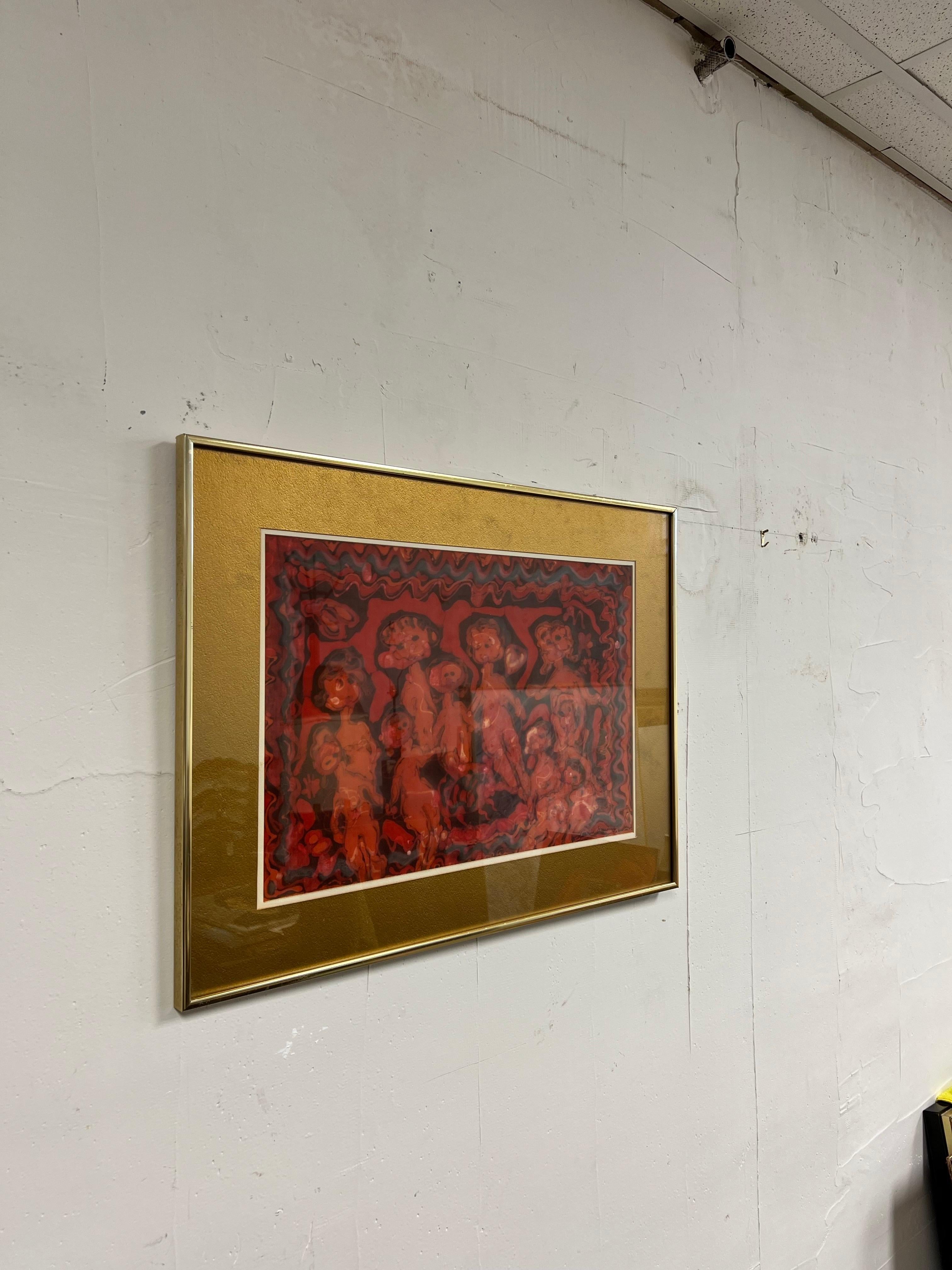 Colori brillanti in questo dipinto Batik dell'artista del NJ Marion Knudsen. Intitolato Ladies In Hades. Firmato dall'artista e incorniciato in una cornice di metallo spazzolato. Questo è uno dei 27 esemplari di una collezione che elencherò.
