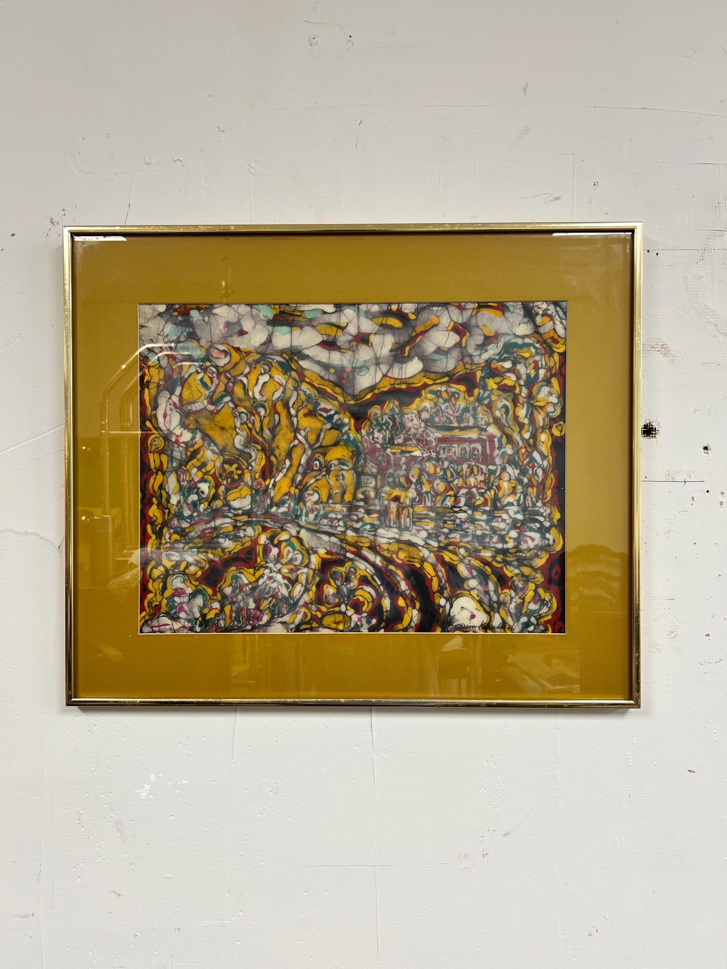 Brilliant colors in this Batik painting by NJ Artist Marion Knudsen. Titled October Landscape. Artist signed and framed in a brushed metal frame. This is one of 27 in a collection I will be listing.