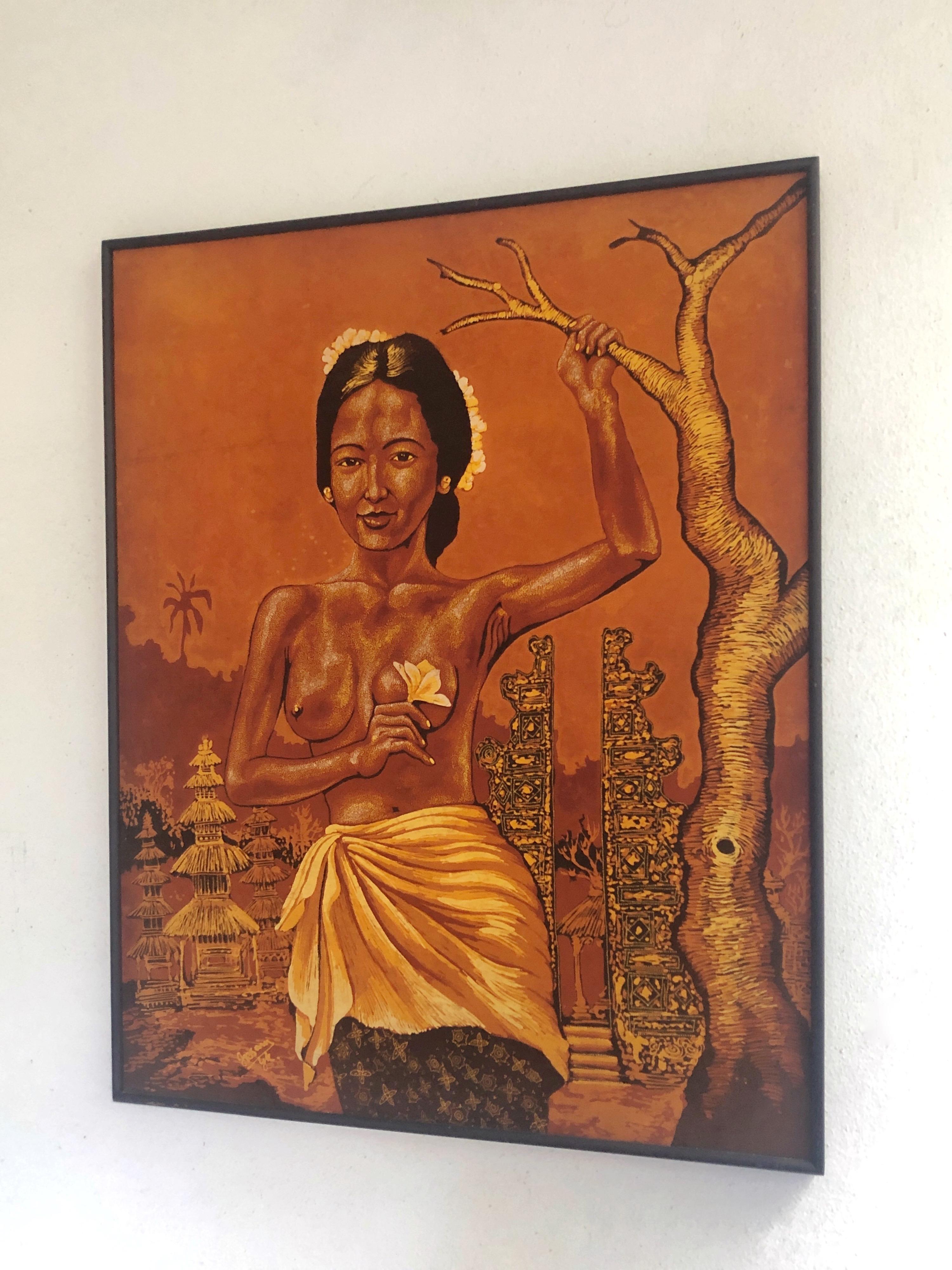 Beautiful Batik painting of a nude in a landscape holding a flower. 