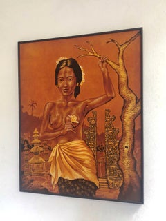 Mid Century Batik Painting of Nude with Flower