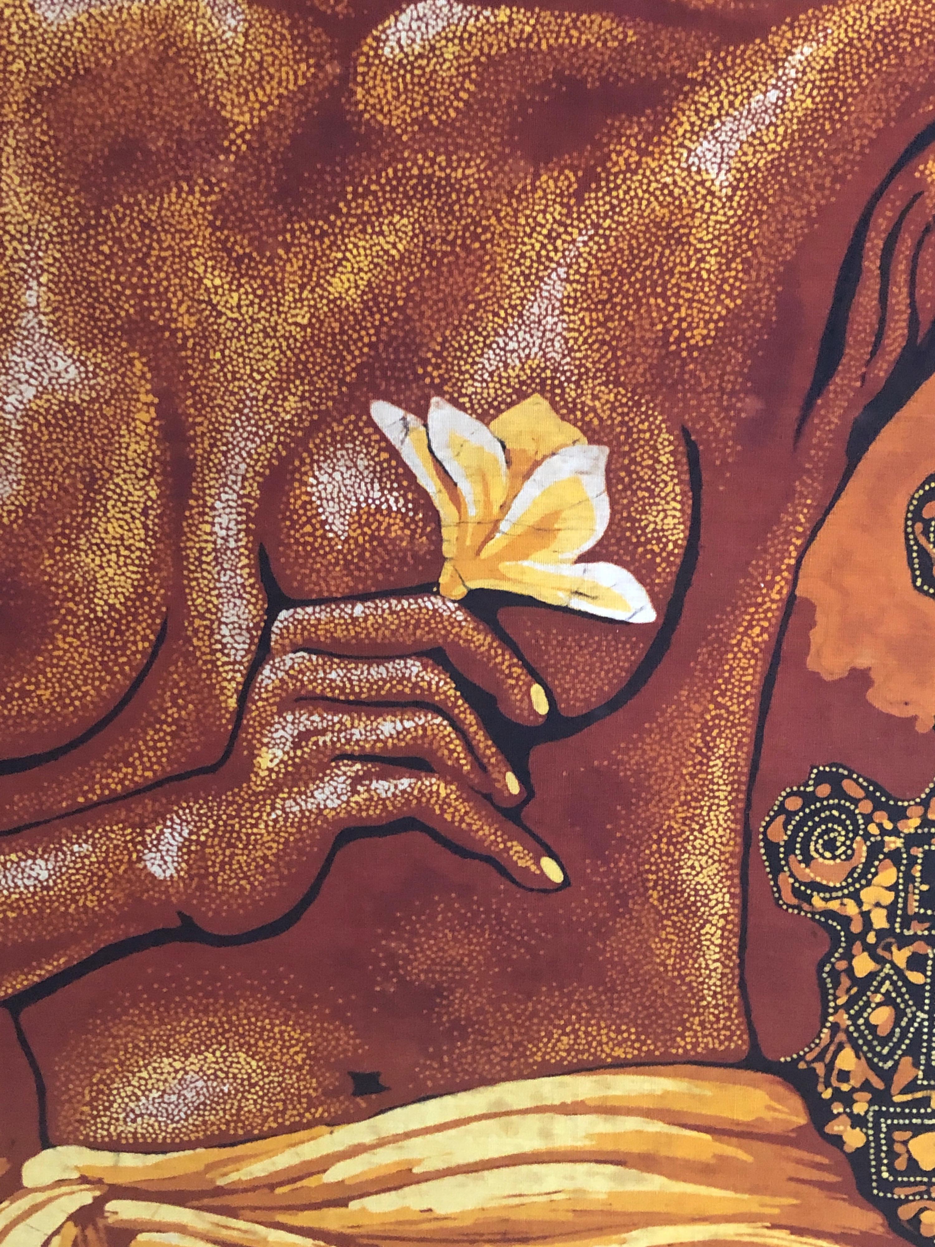 Mid-20th Century Mid Century Batik Painting of Nude with Flower For Sale