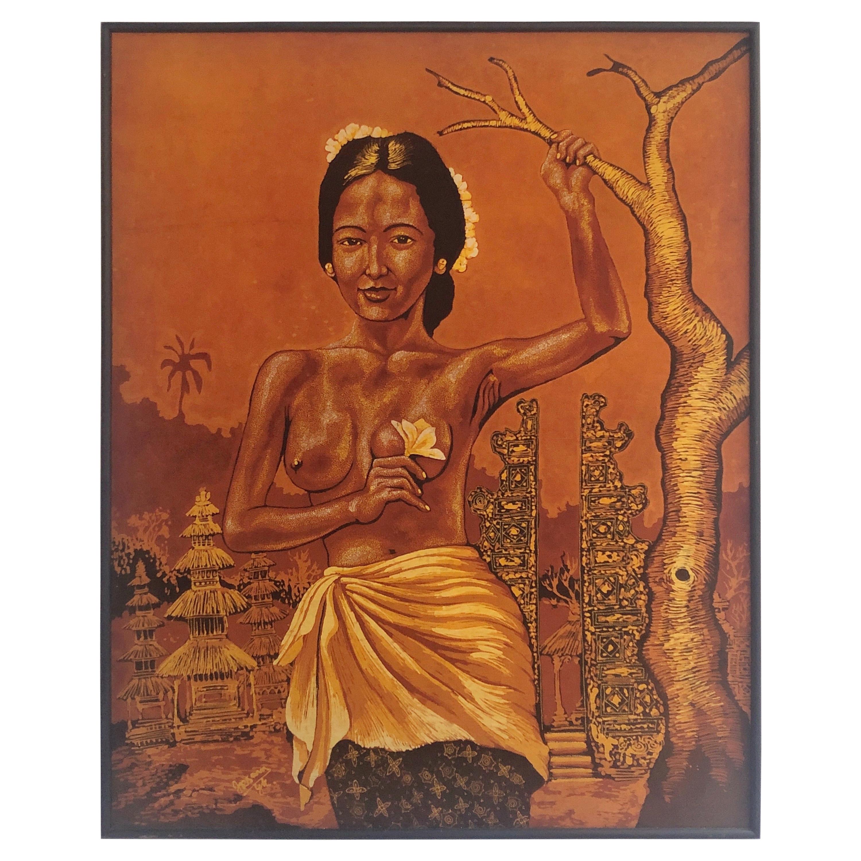 Peinture Batik du milieu du siècle dernier représentant un nu avec une fleur