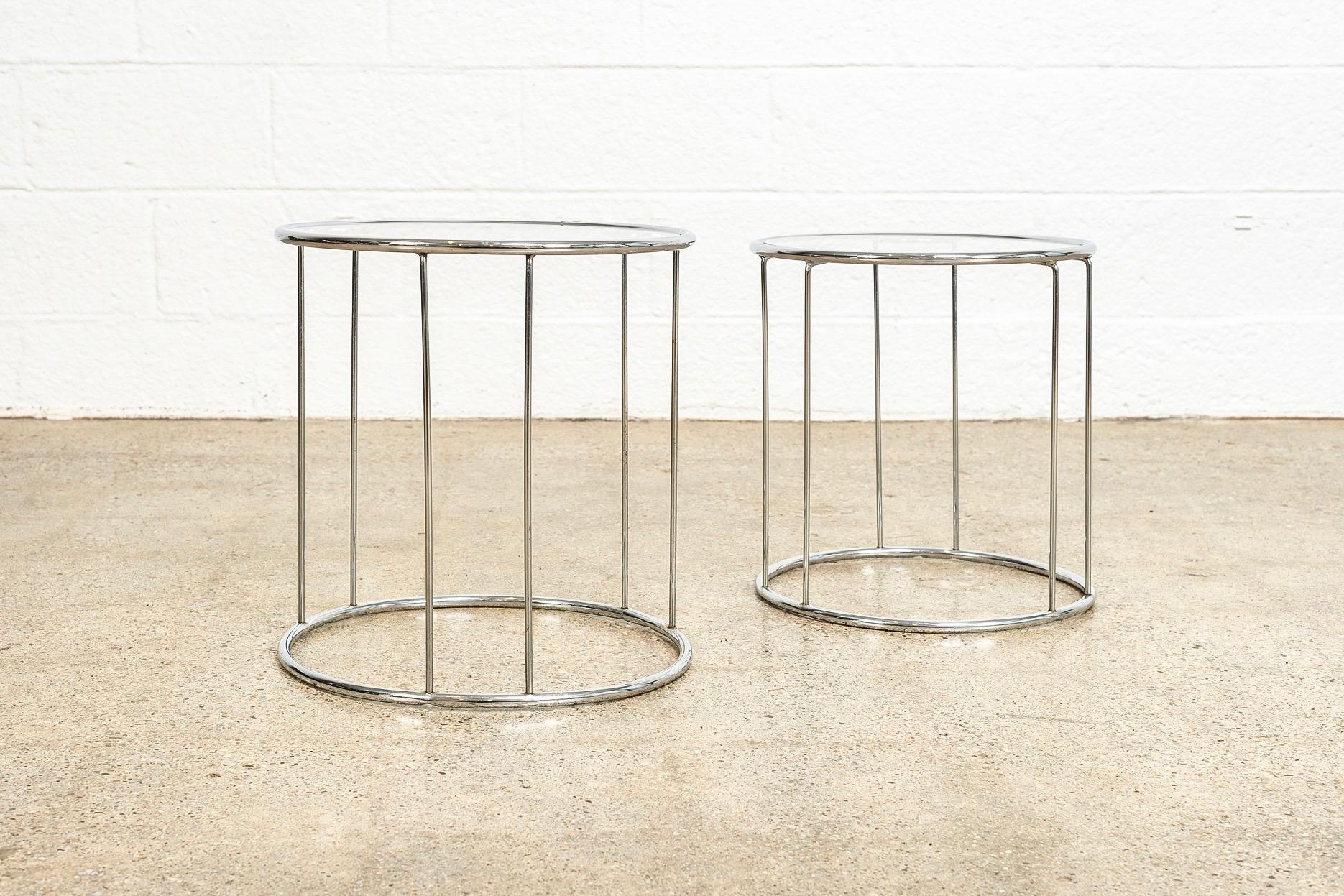 Mid-Century Modern Midcentury Baughman Style Round Chrome and Glass Nesting Side Tables, Set of 2