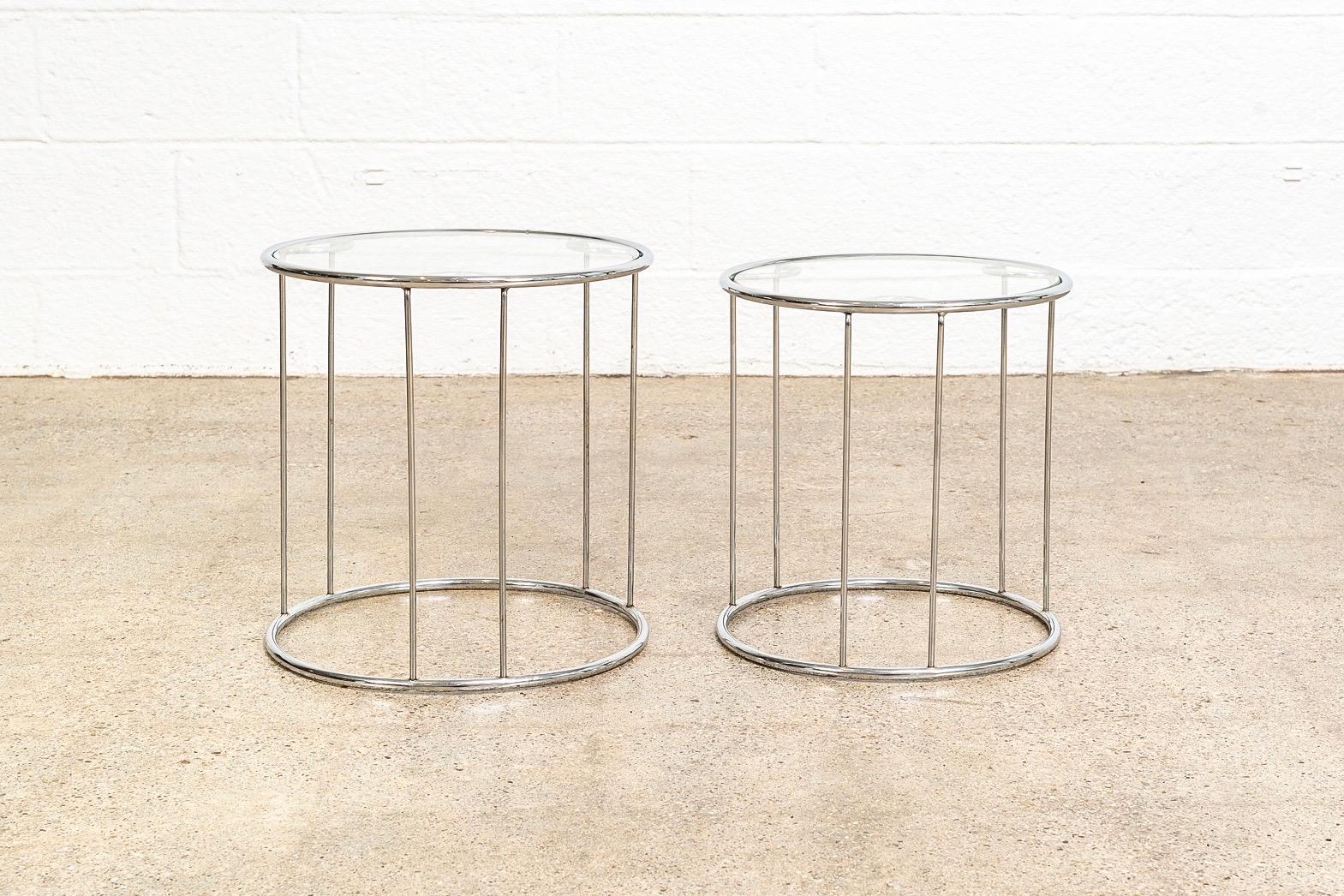 American Midcentury Baughman Style Round Chrome and Glass Nesting Side Tables, Set of 2