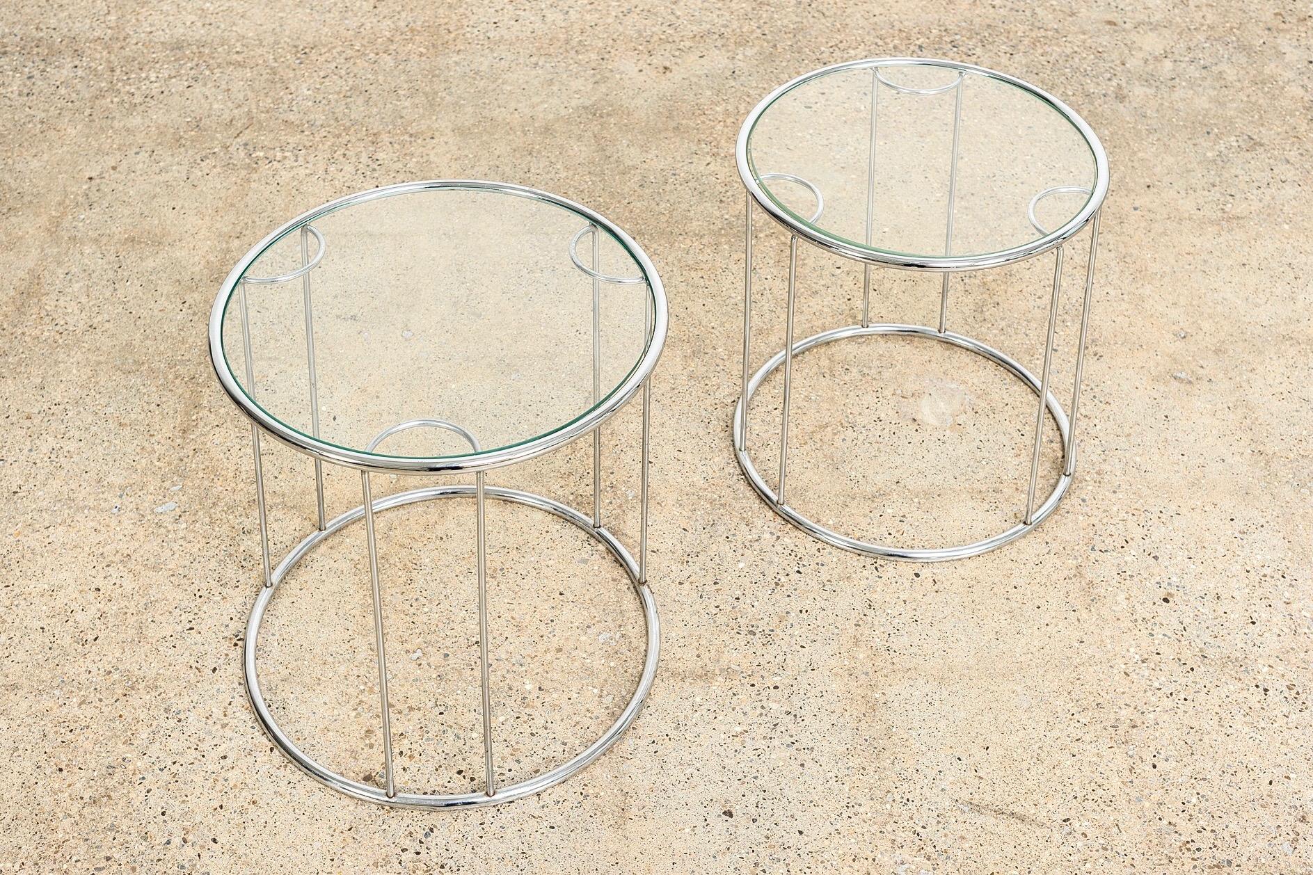 Late 20th Century Midcentury Baughman Style Round Chrome and Glass Nesting Side Tables, Set of 2