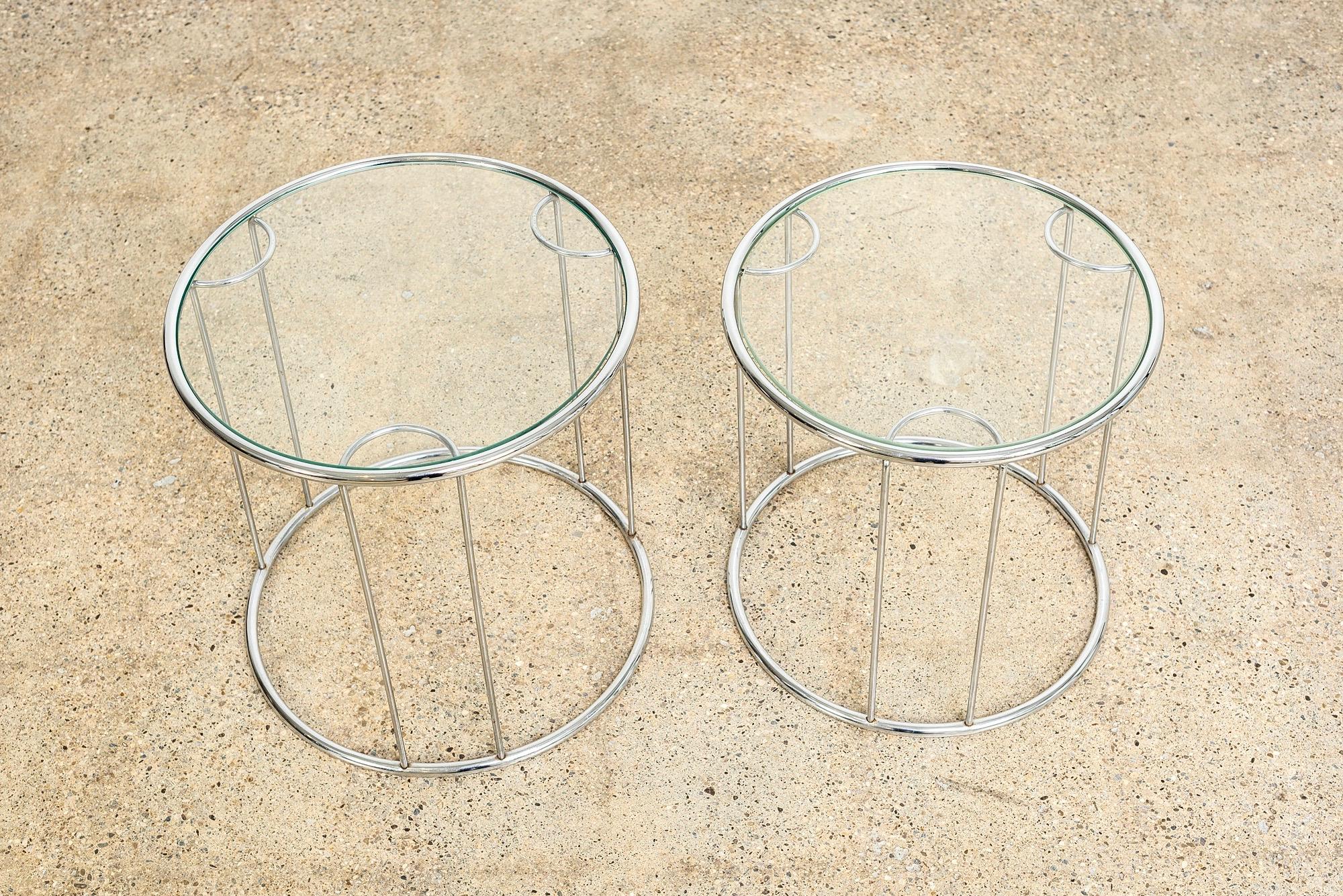 Midcentury Baughman Style Round Chrome and Glass Nesting Side Tables, Set of 2 1