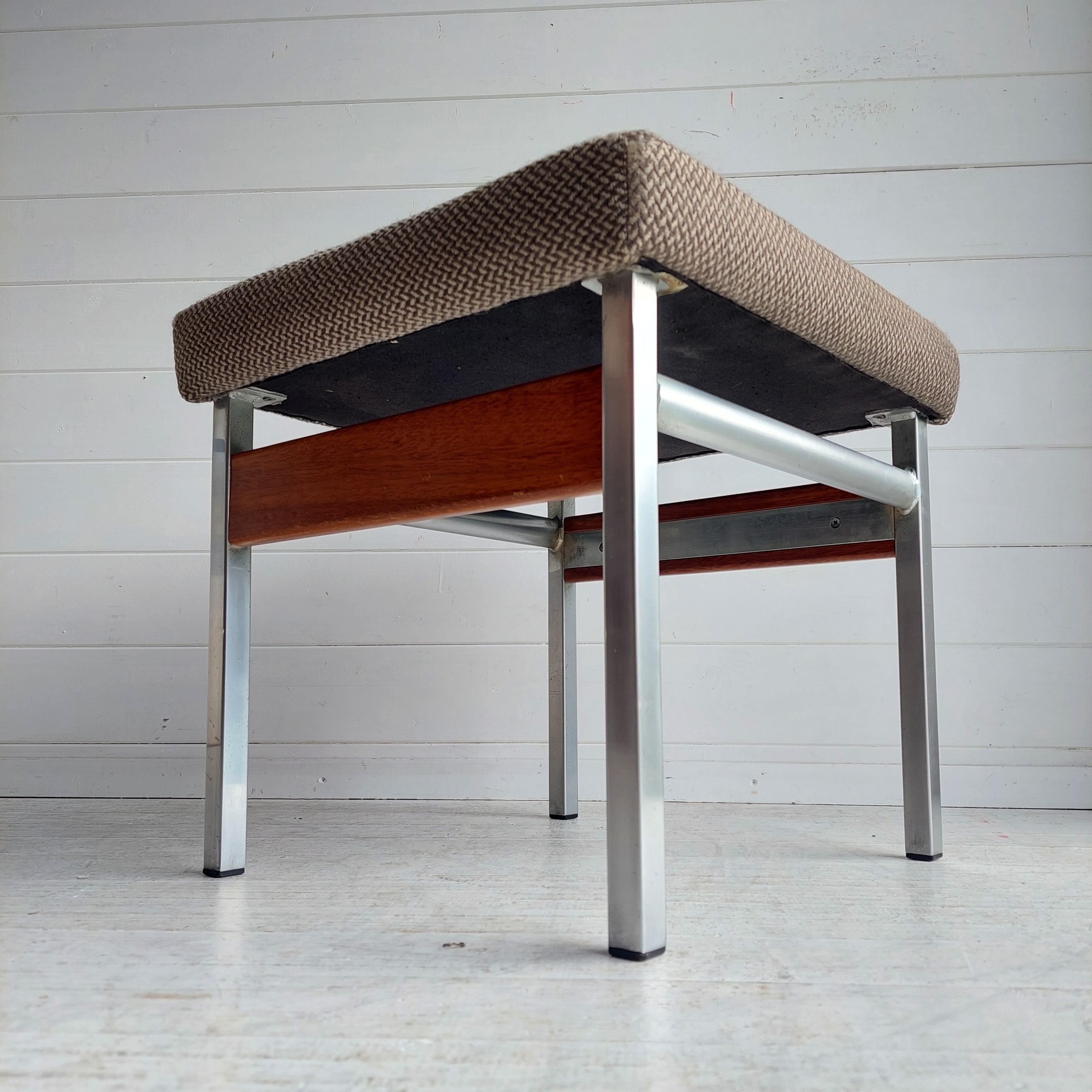 Mid Century Bauhaus Chrome teak fabric Dressing table stool footrest , 1960s In Good Condition For Sale In Leamington Spa, GB