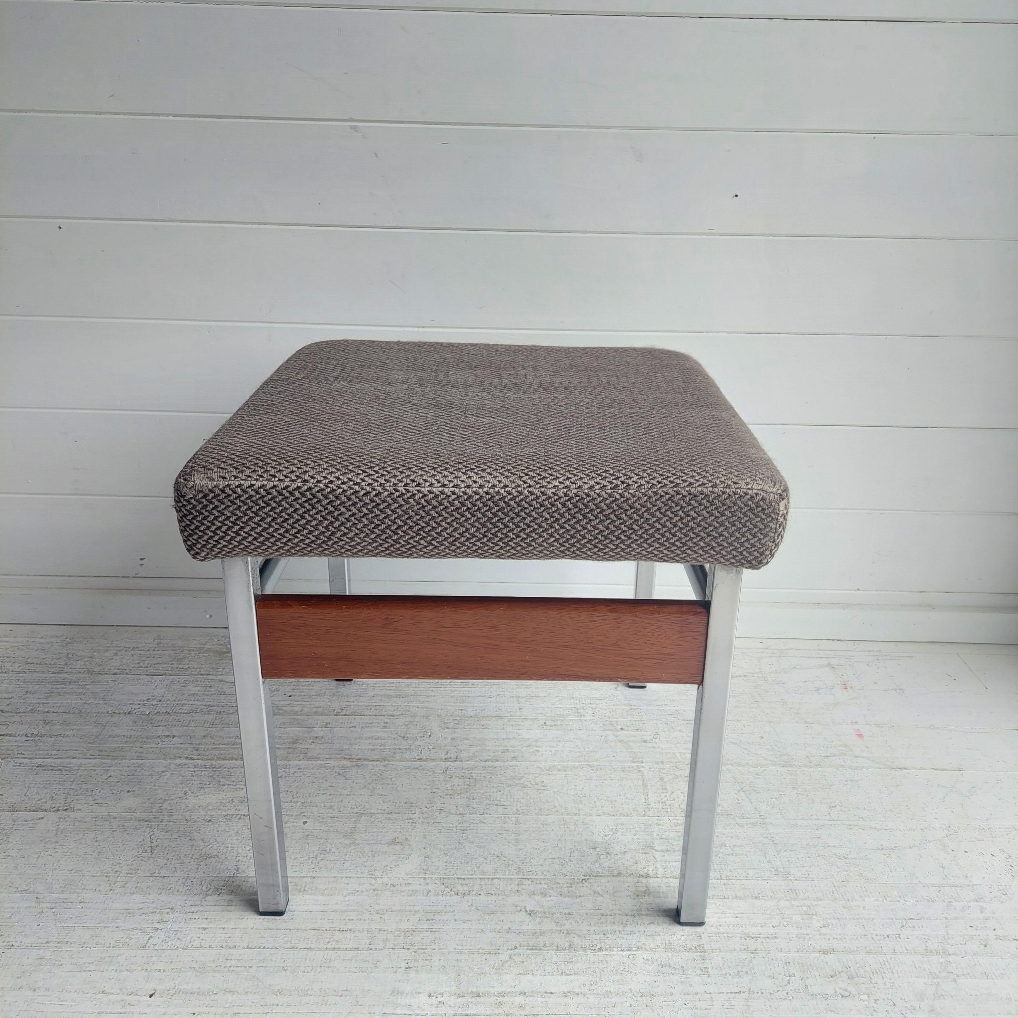 Wool Mid Century Bauhaus Chrome teak fabric Dressing table stool footrest , 1960s For Sale