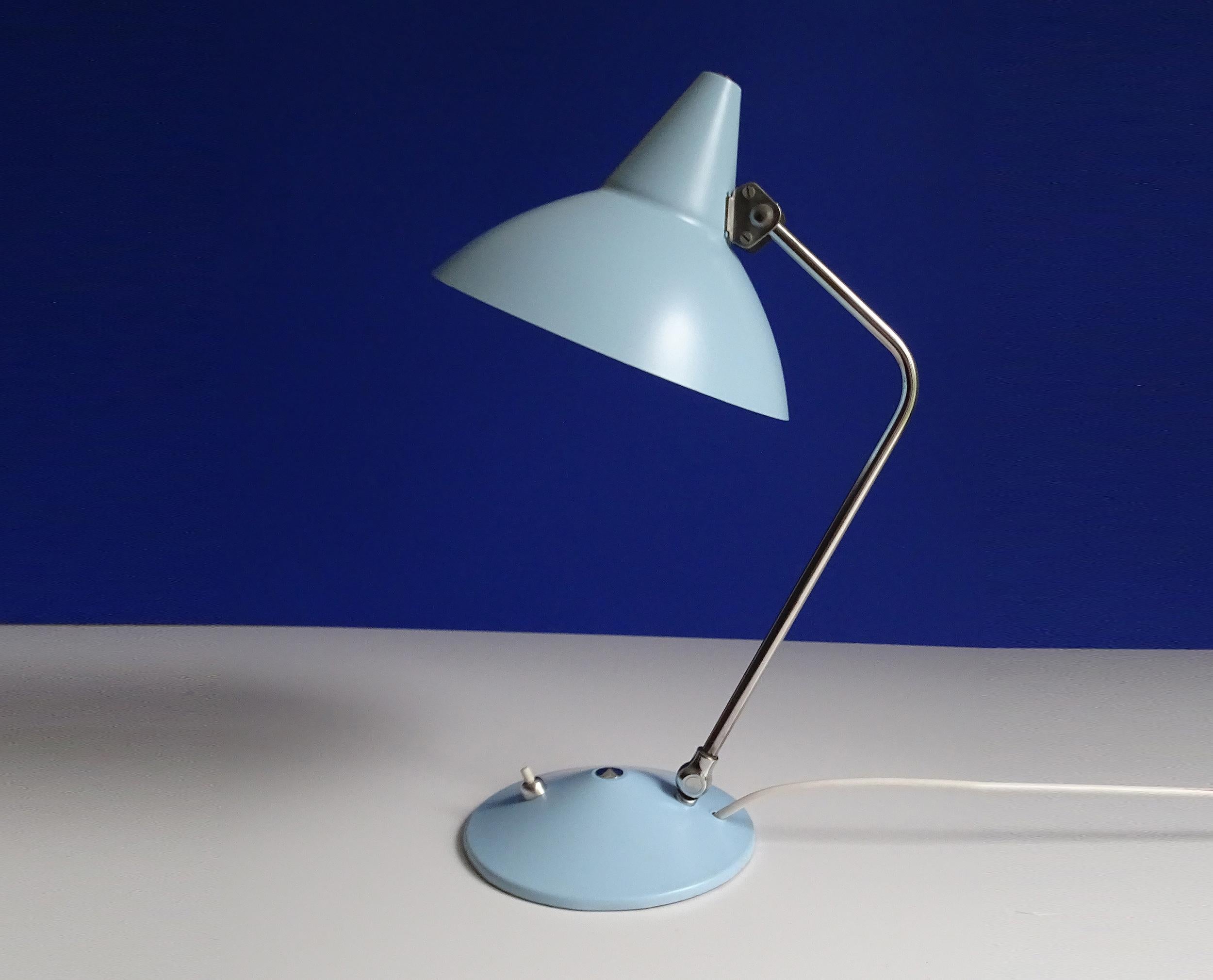 European Stilnovo Style  Table  Desk Lamp, Chrome Blue, 1960s, Mid Century