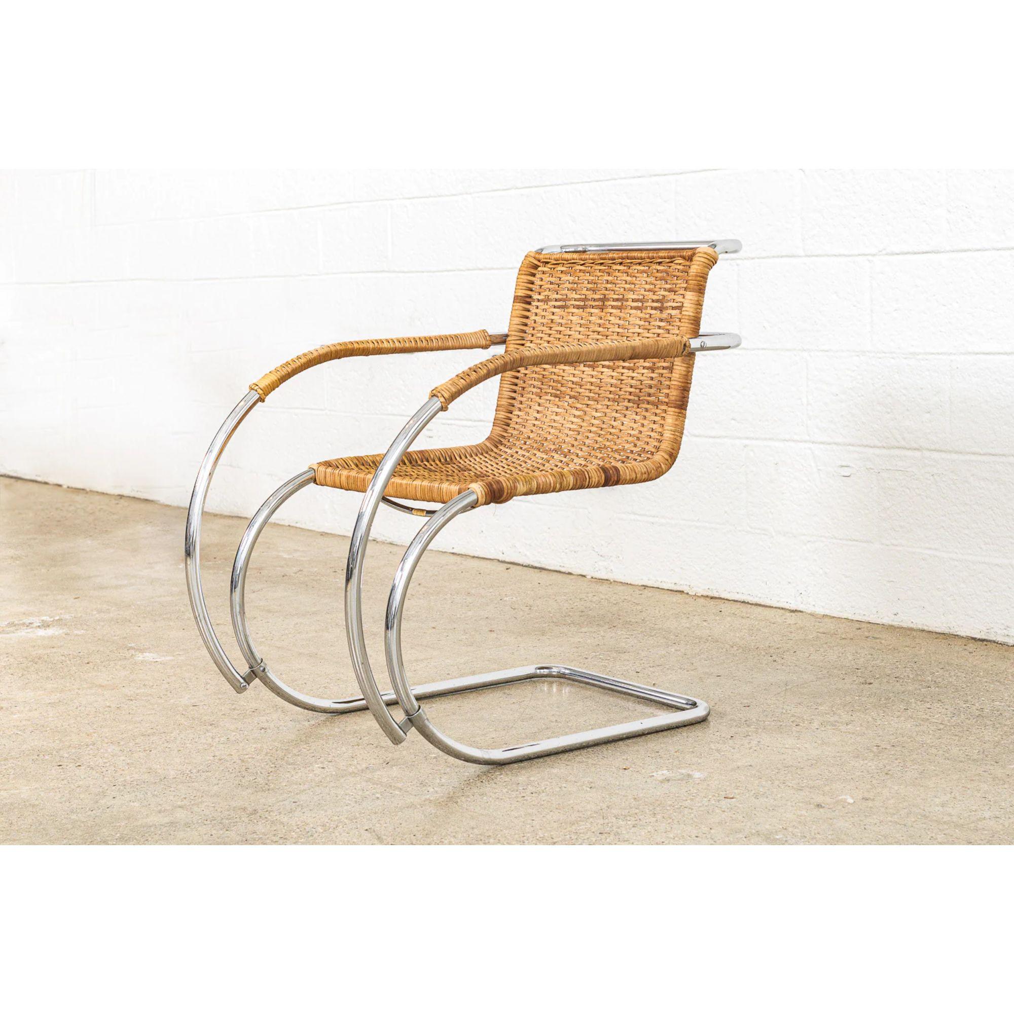 This vintage Mies van der Rohe MR 20 cantilevered cane arm chair made by Stendig is circa 1970. The MR chair was designed by modernist architect Ludwig Mies van der Rohe in 1927 as part of his contribution to the Weissenhof exhibit in Stuttgart,