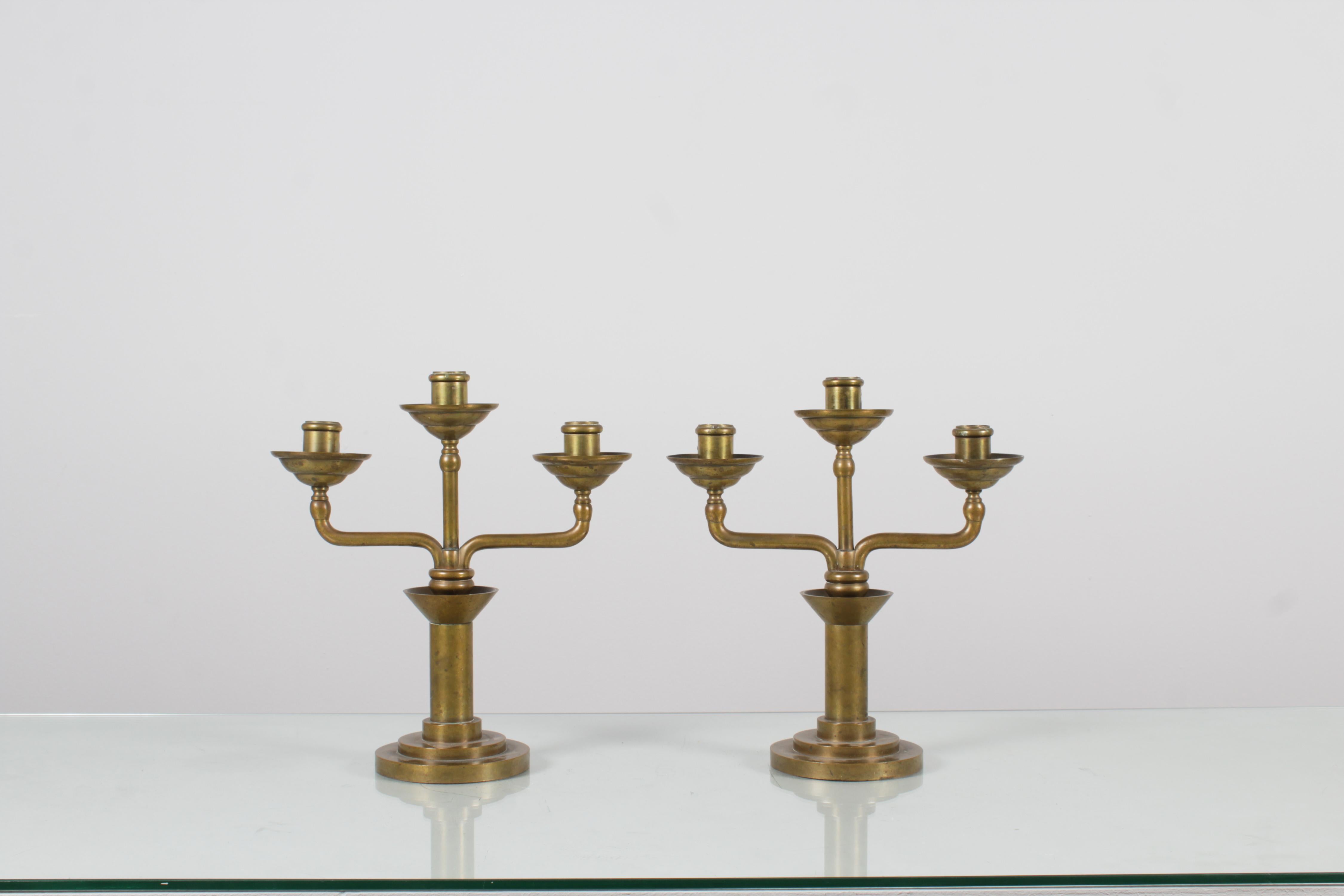 Italian Mid-Century Bauhaus Rationaliust Deco Brass Candelabra, Italy 1930s For Sale