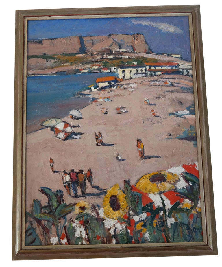 Mid Century Beach Landscape Oil on Board For Sale at 1stDibs
