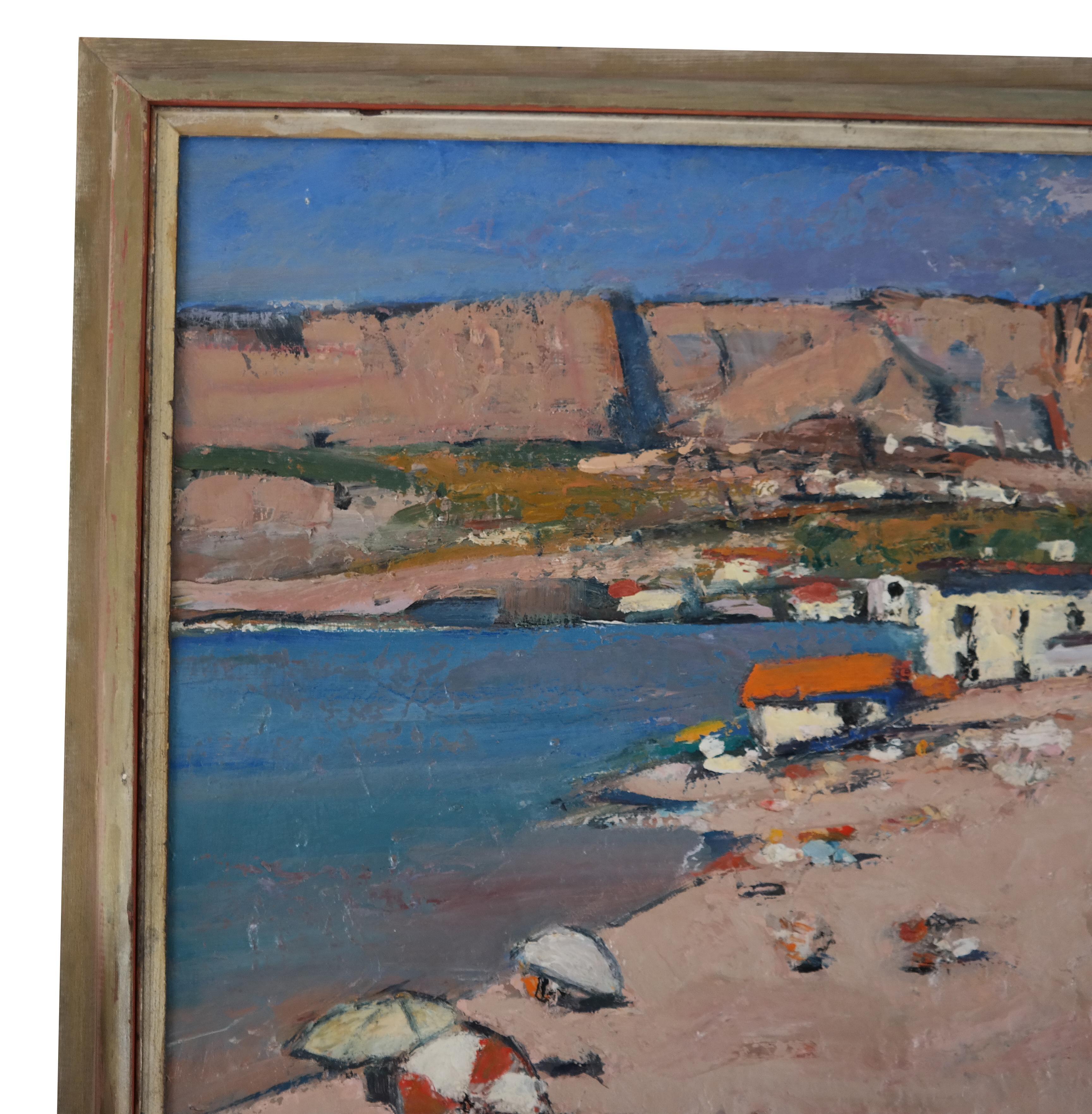 Mid Century Beach Landscape Oil on Board In Good Condition For Sale In Locust Valley, NY