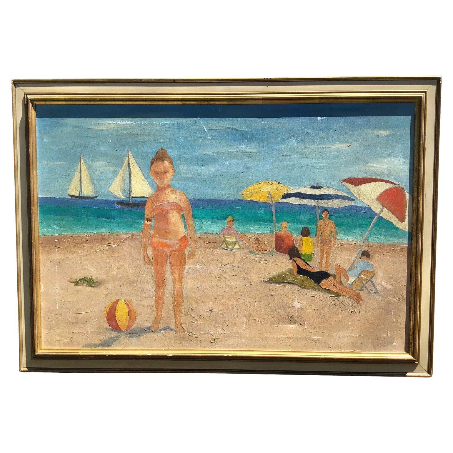 Mid century beach scene painting, colorful seaside painting, is a distressed vintage oil painting of an ocean scene with bathers.
This is unsigned although it was part of a group of five, all by an amateur artist in Long Island, New York, Gloria L.
