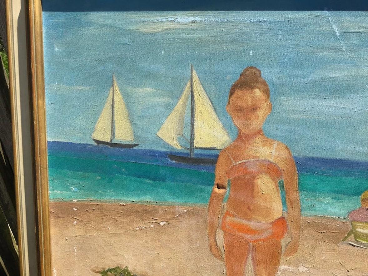 Mid-Century Modern Peinture de bord de mer du milieu du siècle - Peinture de scène de plage - Long Island Ocean Bathers en vente