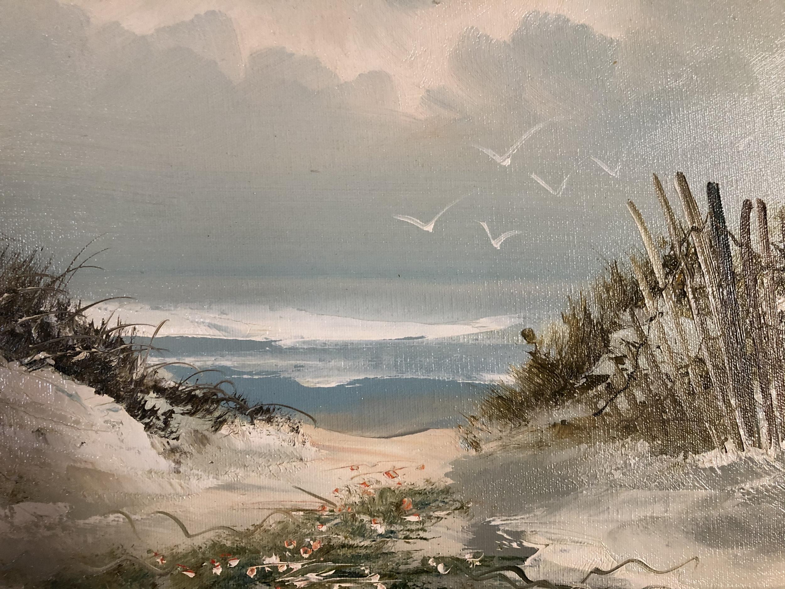 Réalisme du milieu du siècle Paysage de plage huile sur panneau dans son cadre d'origine teinté foncé, signée Anderson.

Taille : 23,5
