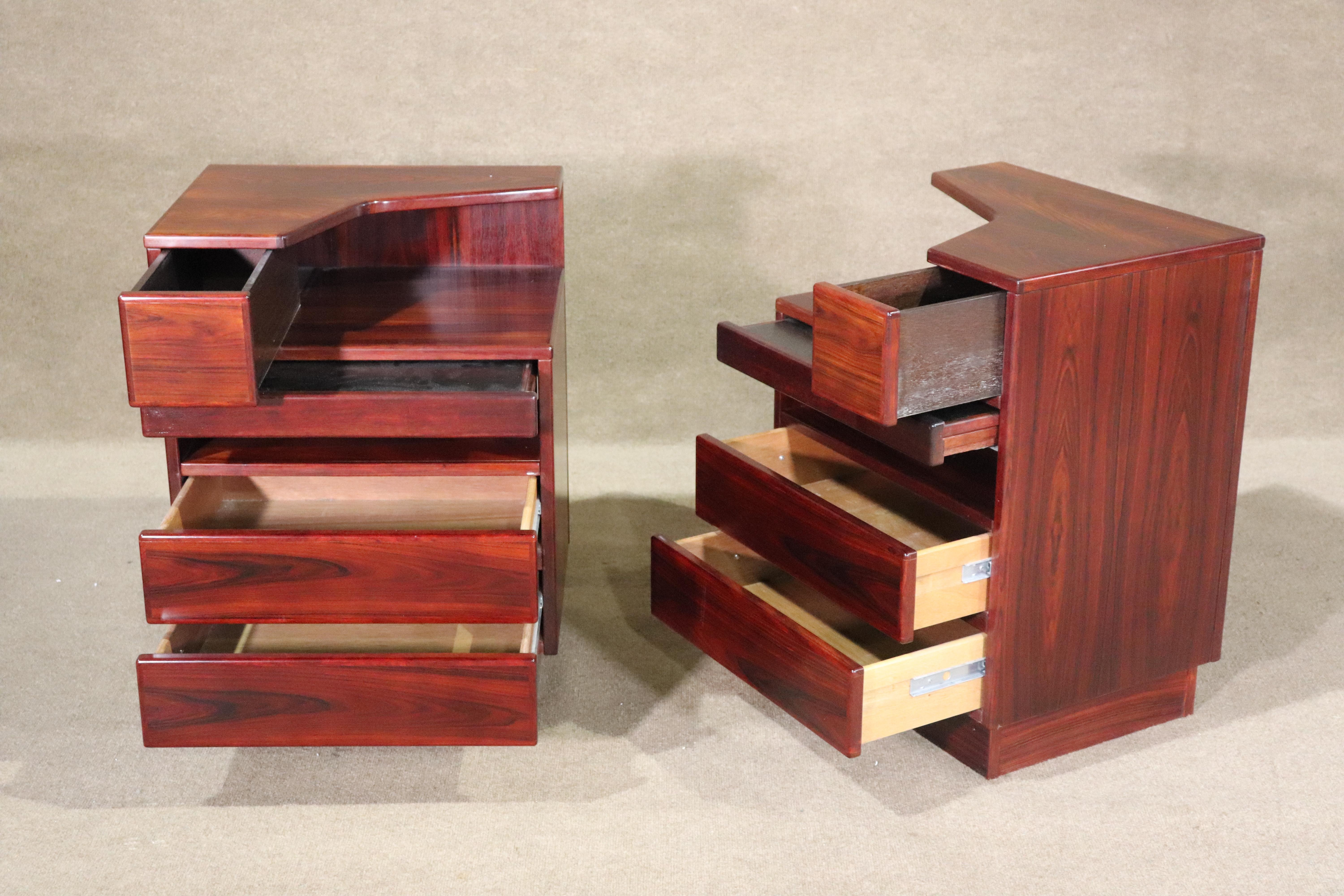 Vintage Danish side tables by Scan Coll. Rich rosewood grain throughout, with various storage compartments.
Please confirm location NY or NJ