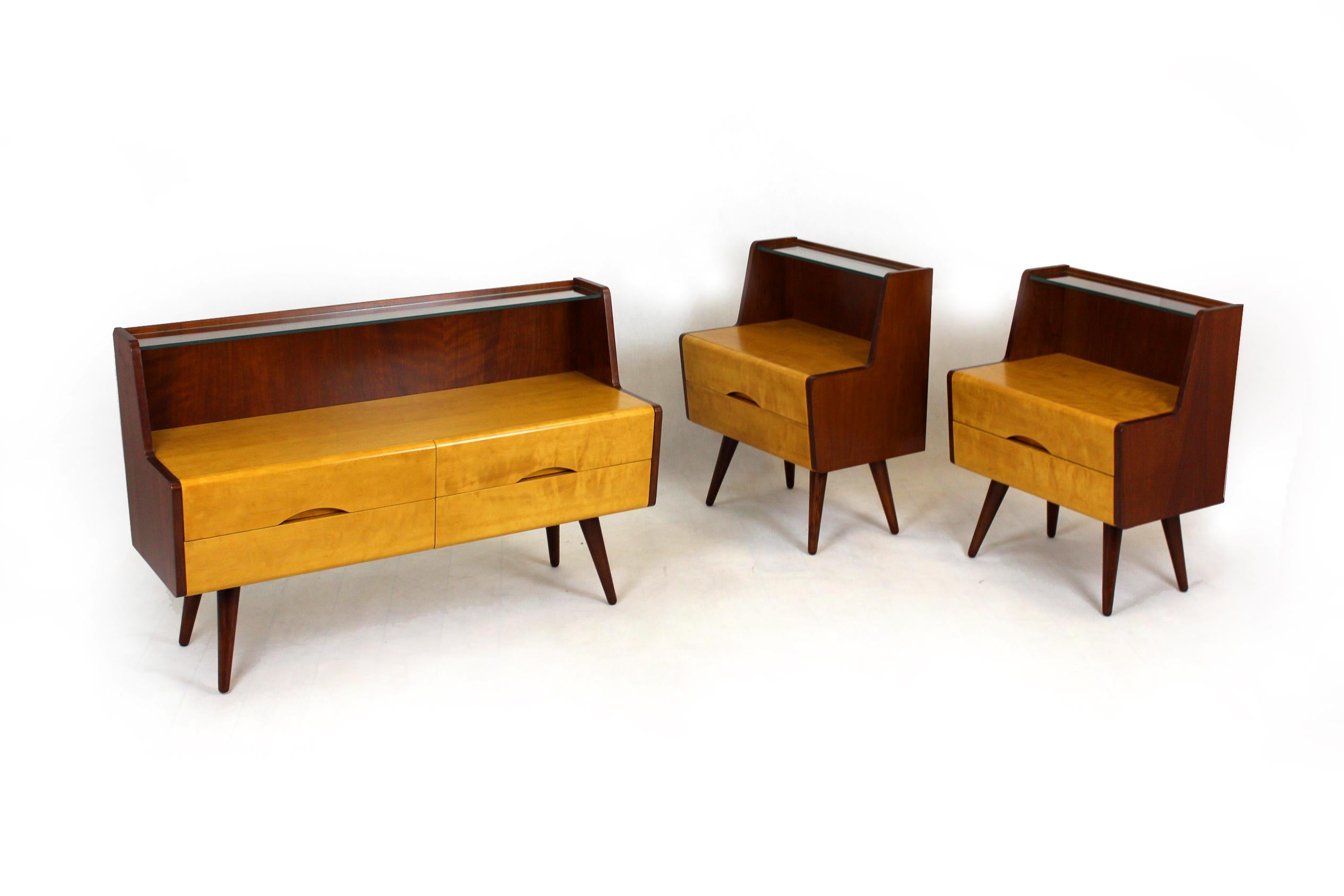 Mid-Century Bedside Tables and Cabinet, 1960s, Set of 3 7