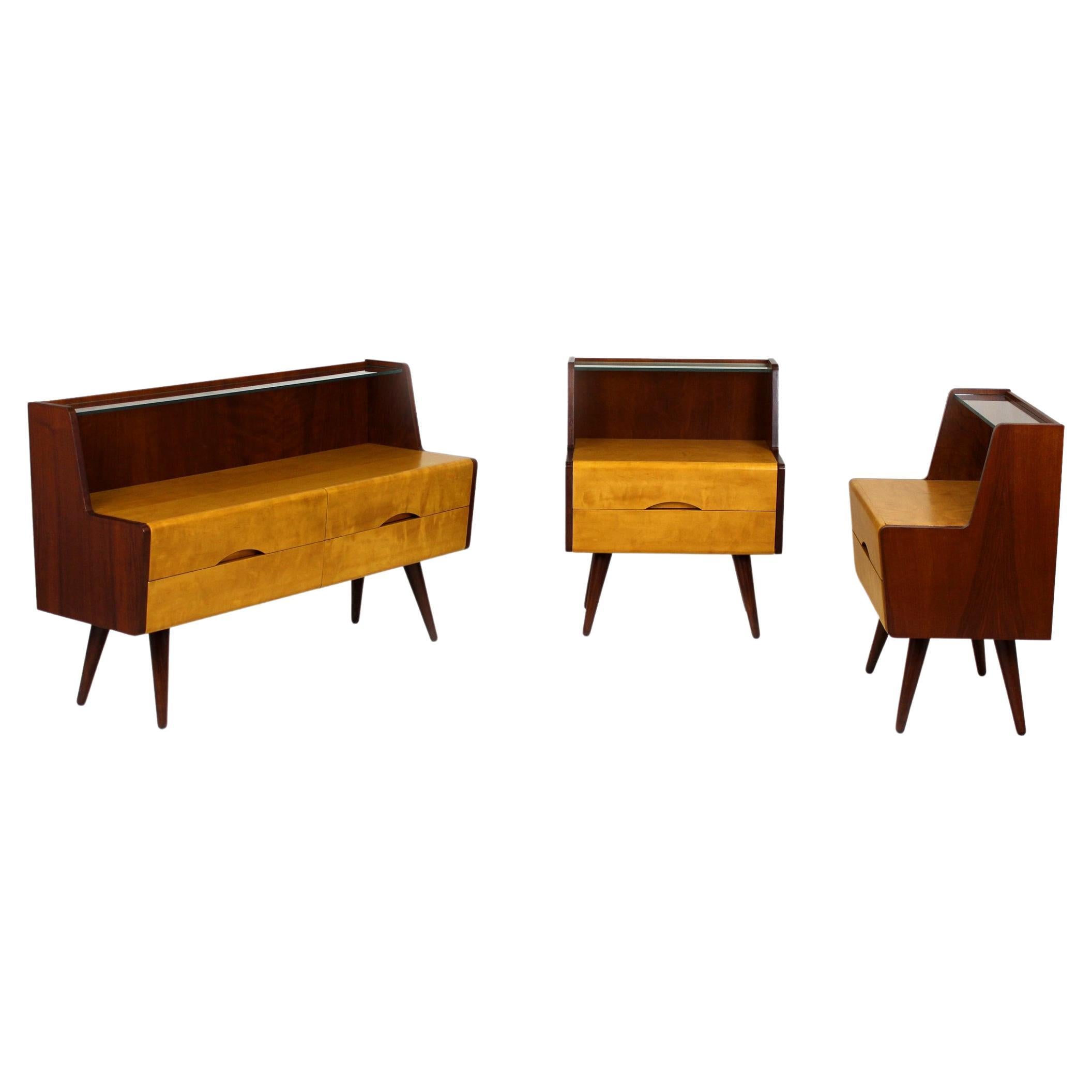 Mid-Century Bedside Tables and Cabinet, 1960s, Set of 3