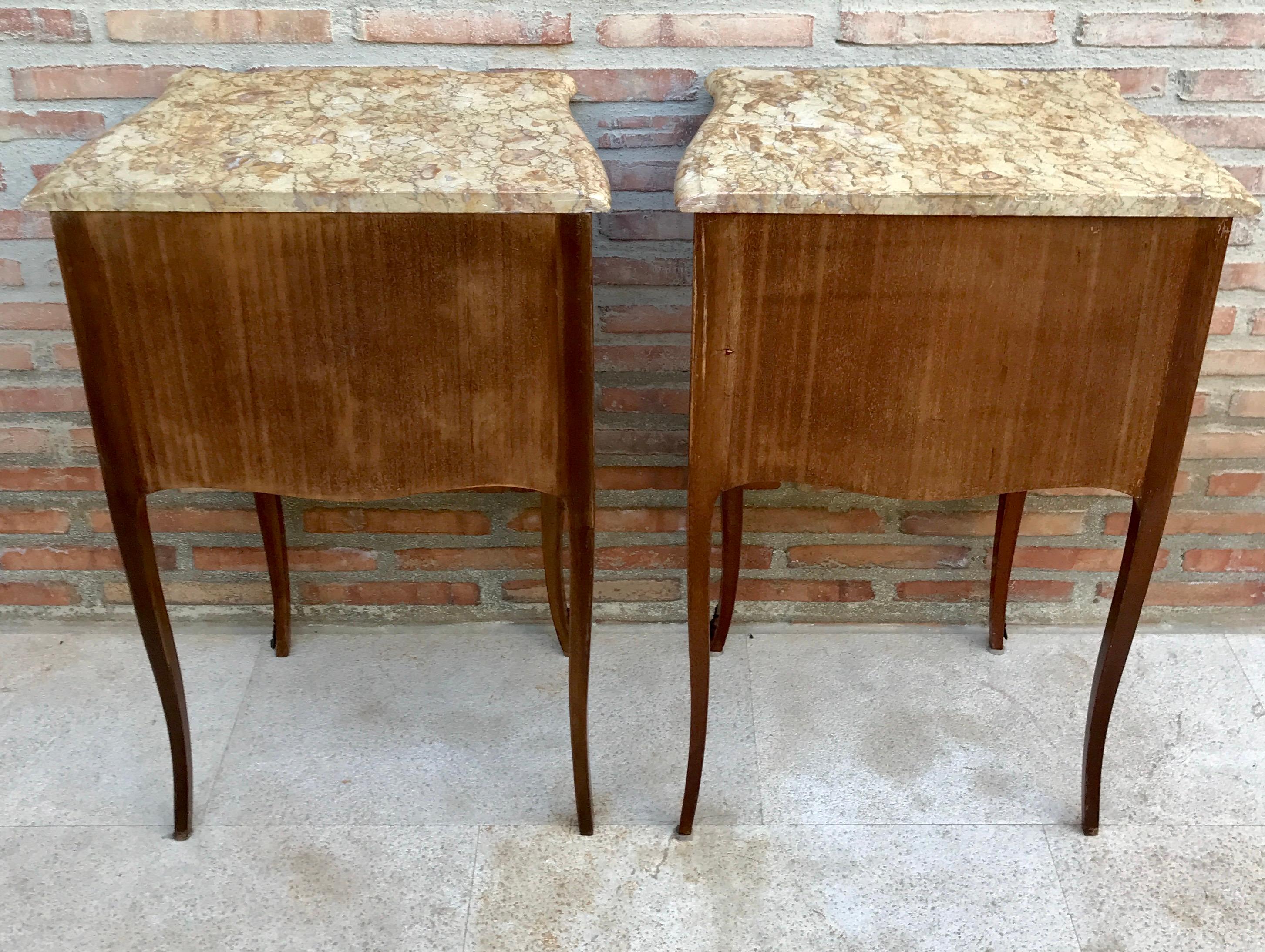 Mid-Century Bedside Tables in French Walnut with Marquetry & Marble Top, Set of  For Sale 5