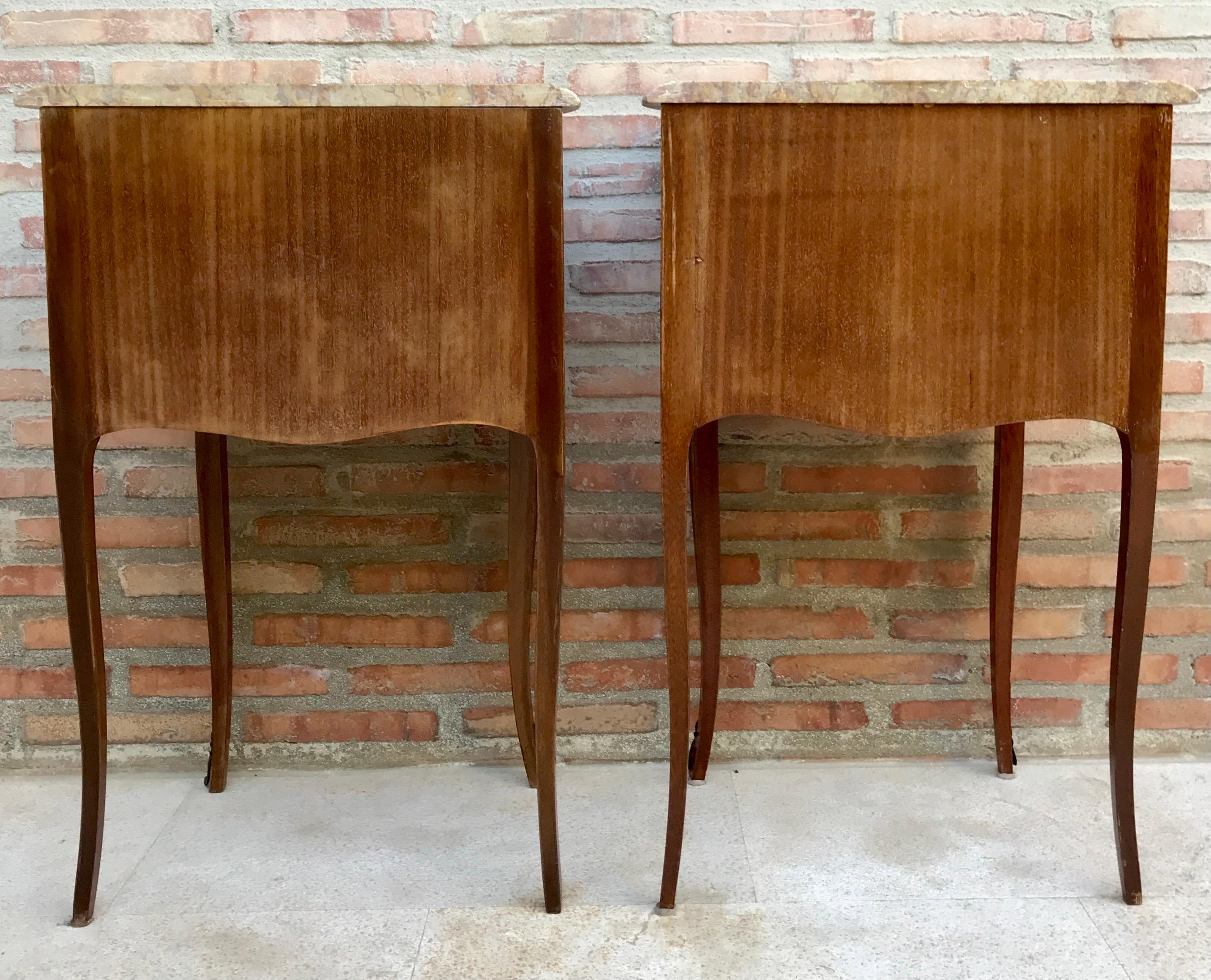 Mid-Century Bedside Tables in French Walnut with Marquetry & Marble Top, Set of  For Sale 6