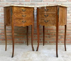 Mid-Century Bedside Tables in French Walnut with Marquetry & Marble Top, Set of