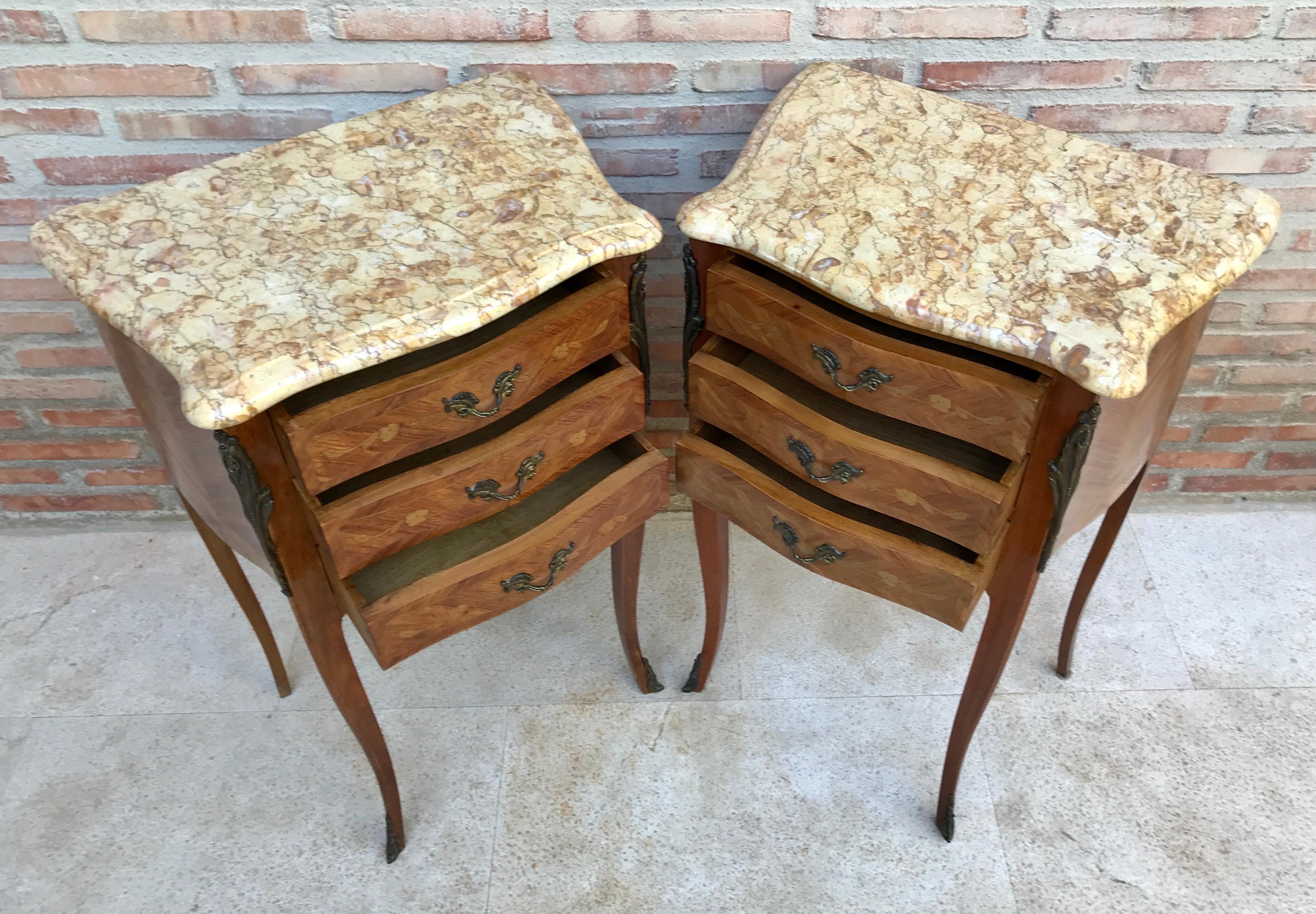 20th Century Mid-Century Bedside Tables in French Walnut with Marquetry & Marble Top, Set of  For Sale