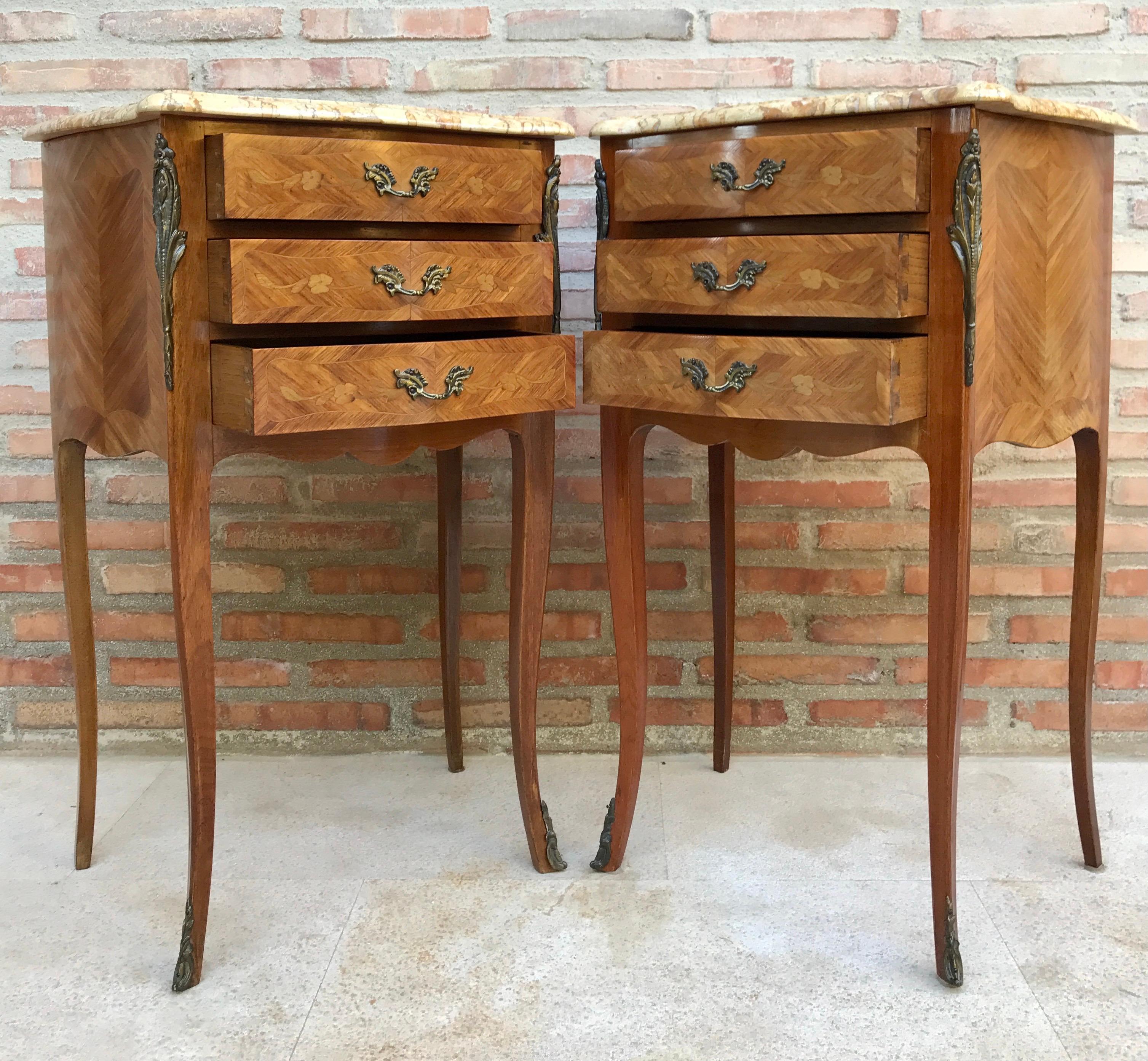 Bronze Mid-Century Bedside Tables in French Walnut with Marquetry & Marble Top, Set of  For Sale