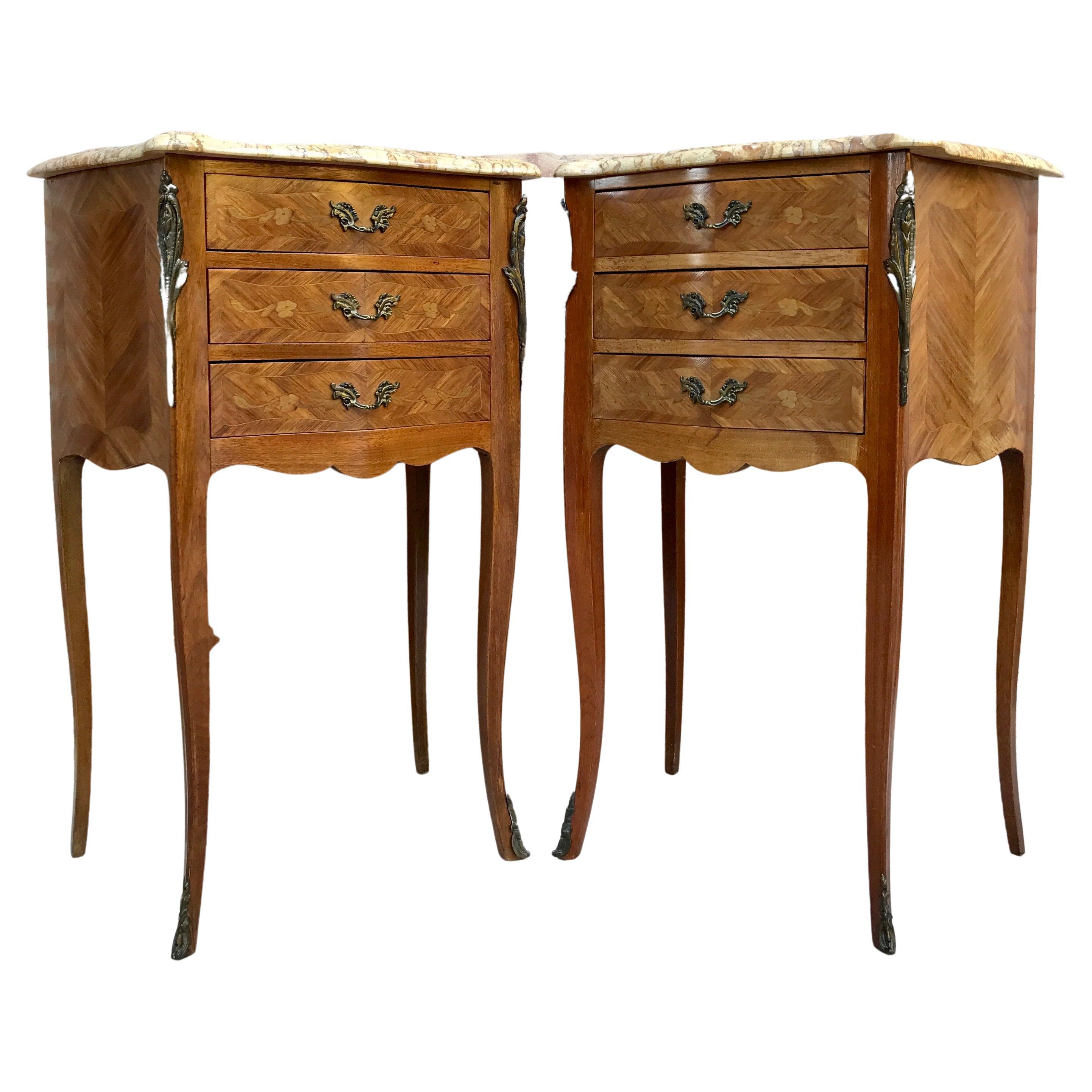 Mid-Century Bedside Tables in French Walnut with Marquetry & Marble Top, Set of 