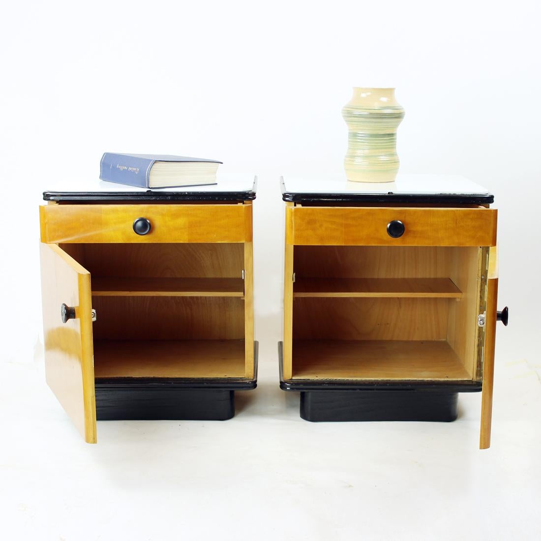 Czech Mid Century Bedside Tables In Oak With Glass Top, Up Zavody 1960s For Sale