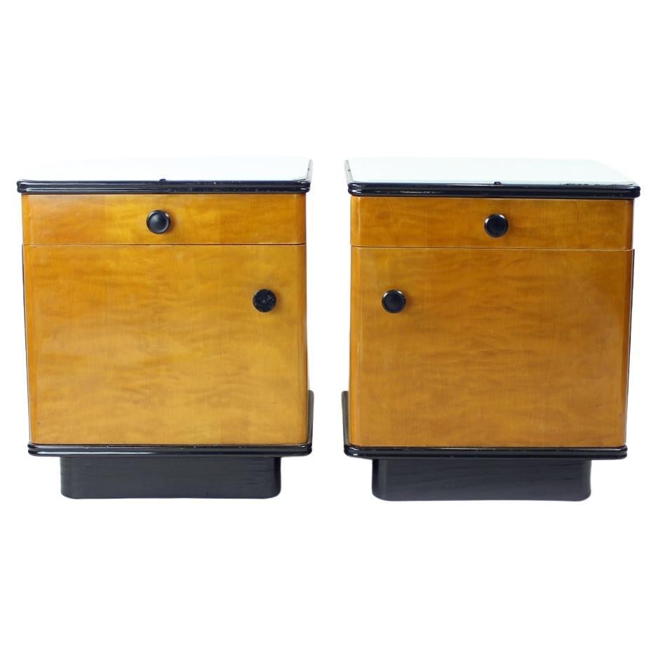 Mid Century Bedside Tables In Oak With Glass Top, Up Zavody 1960s For Sale
