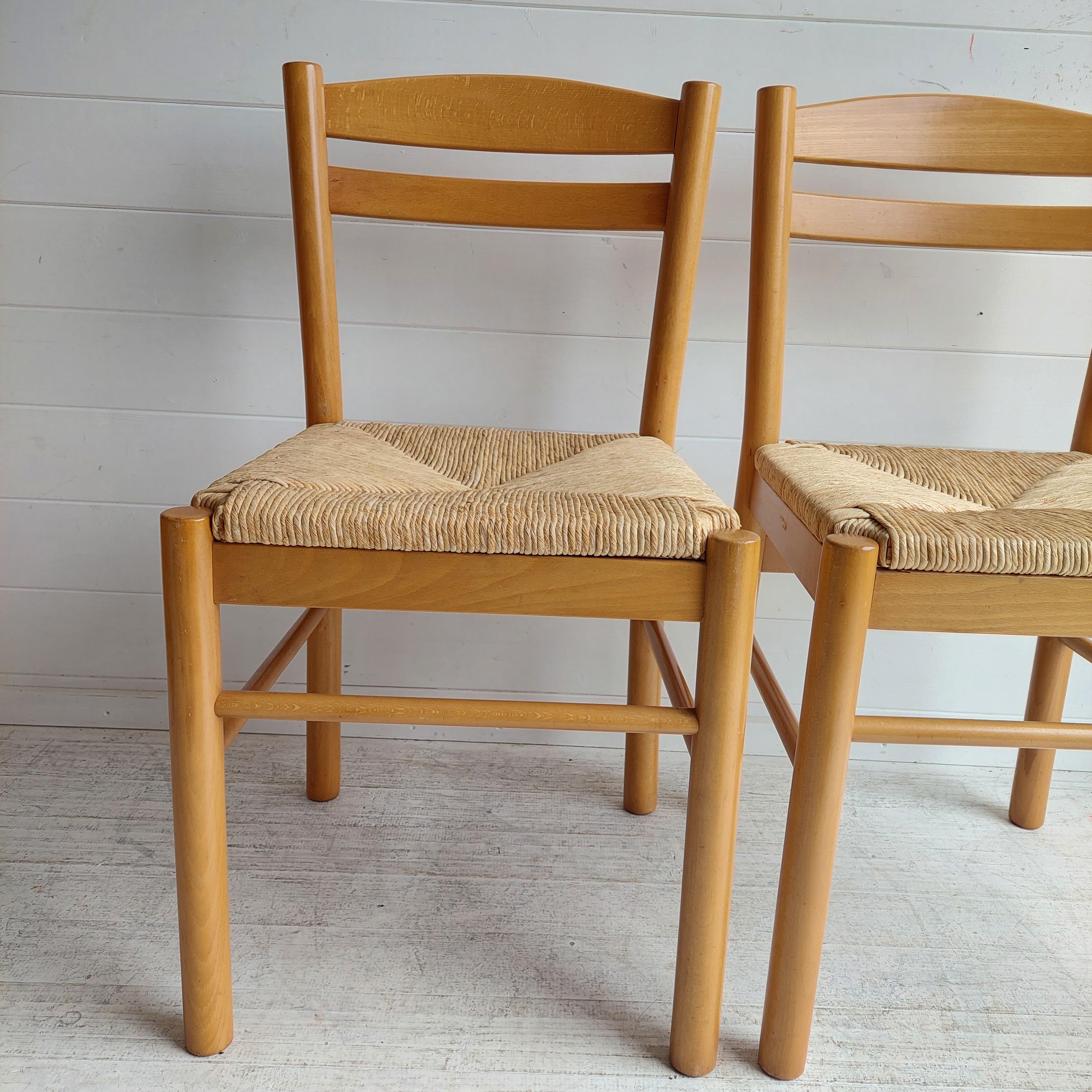 Mid Century Beech and rush seat kitchen dining chairs Carimati style, set of 2 4