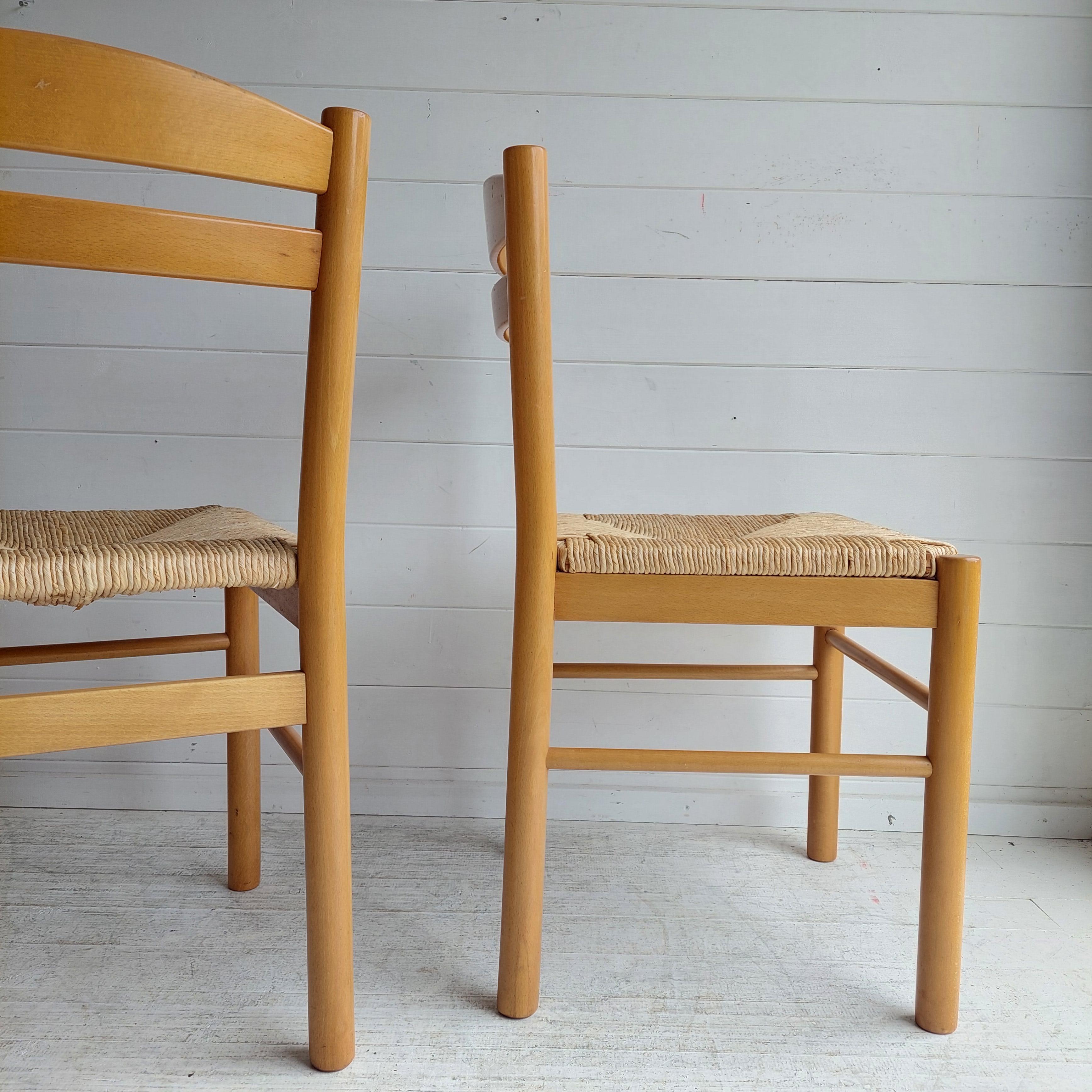 Mid Century Beech and rush seat kitchen dining chairs Carimati style, set of 2 11