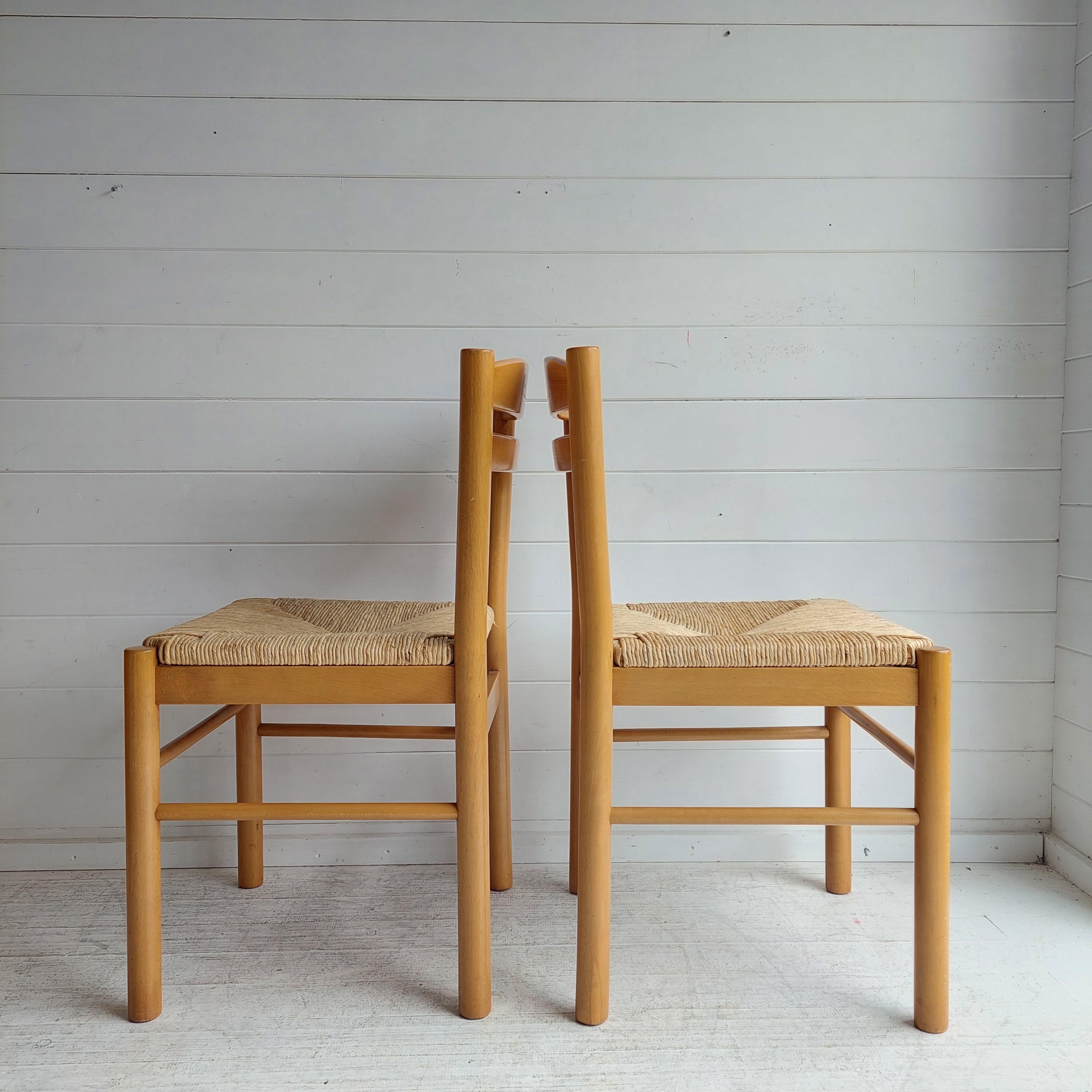 Mid-Century Modern Mid Century Beech and rush seat kitchen dining chairs Carimati style, set of 2