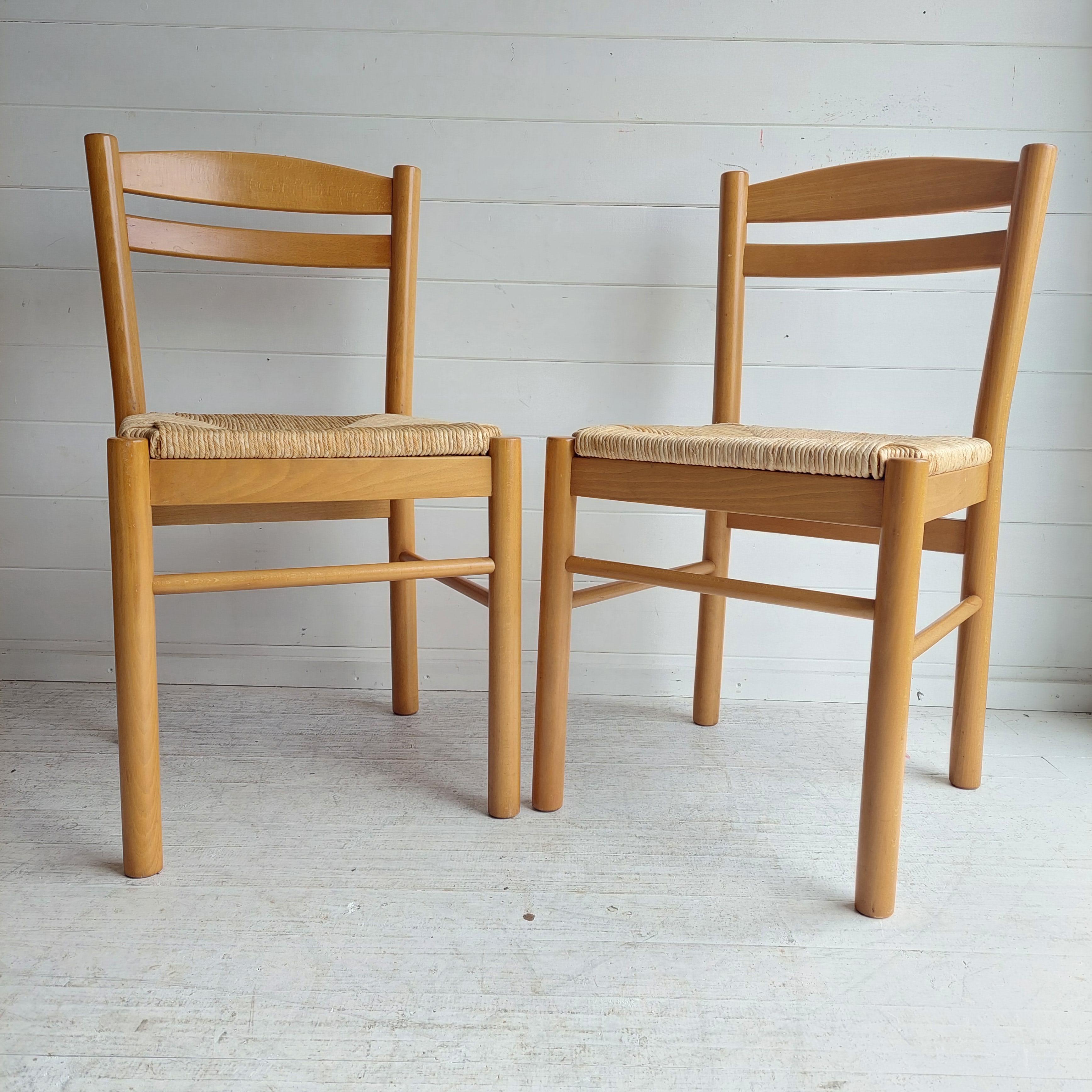 Italian Mid Century Beech and rush seat kitchen dining chairs Carimati style, set of 2