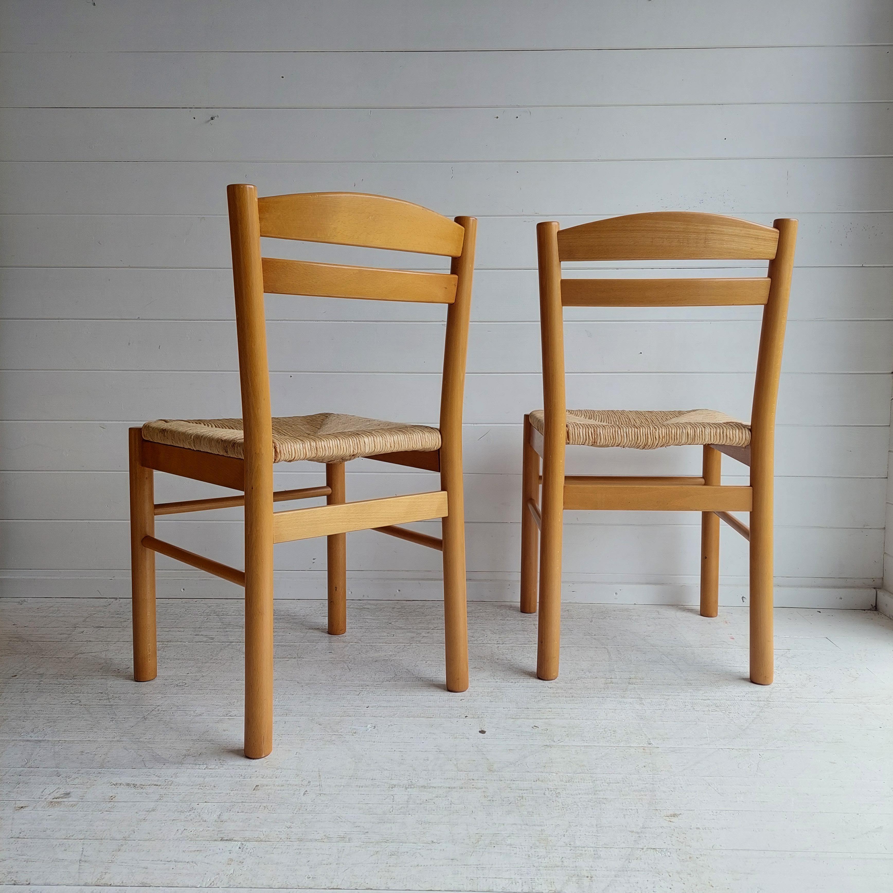 Mid Century Beech and rush seat kitchen dining chairs Carimati style, set of 2 In Good Condition In Leamington Spa, GB