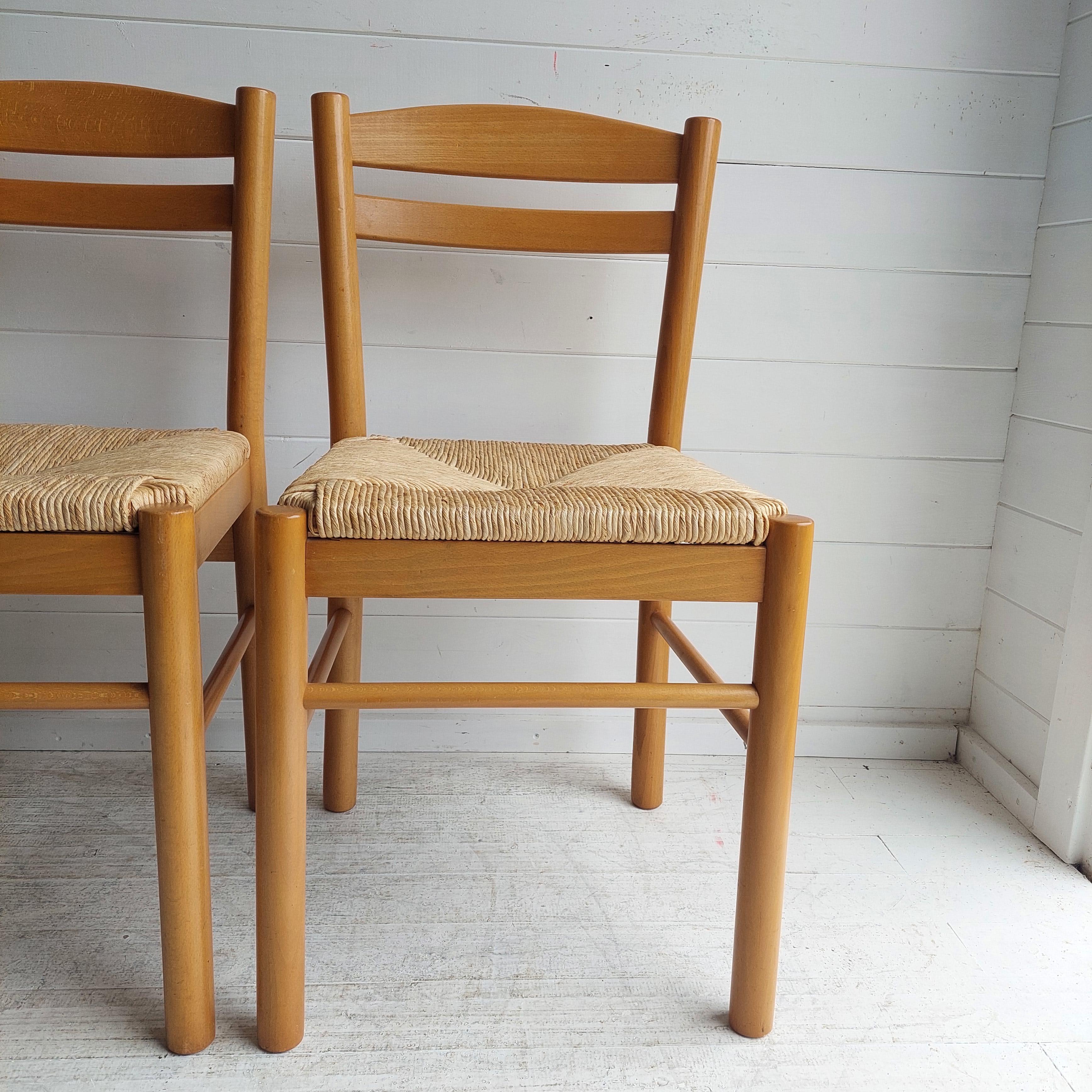 Mid Century Beech and rush seat kitchen dining chairs Carimati style, set of 2 2