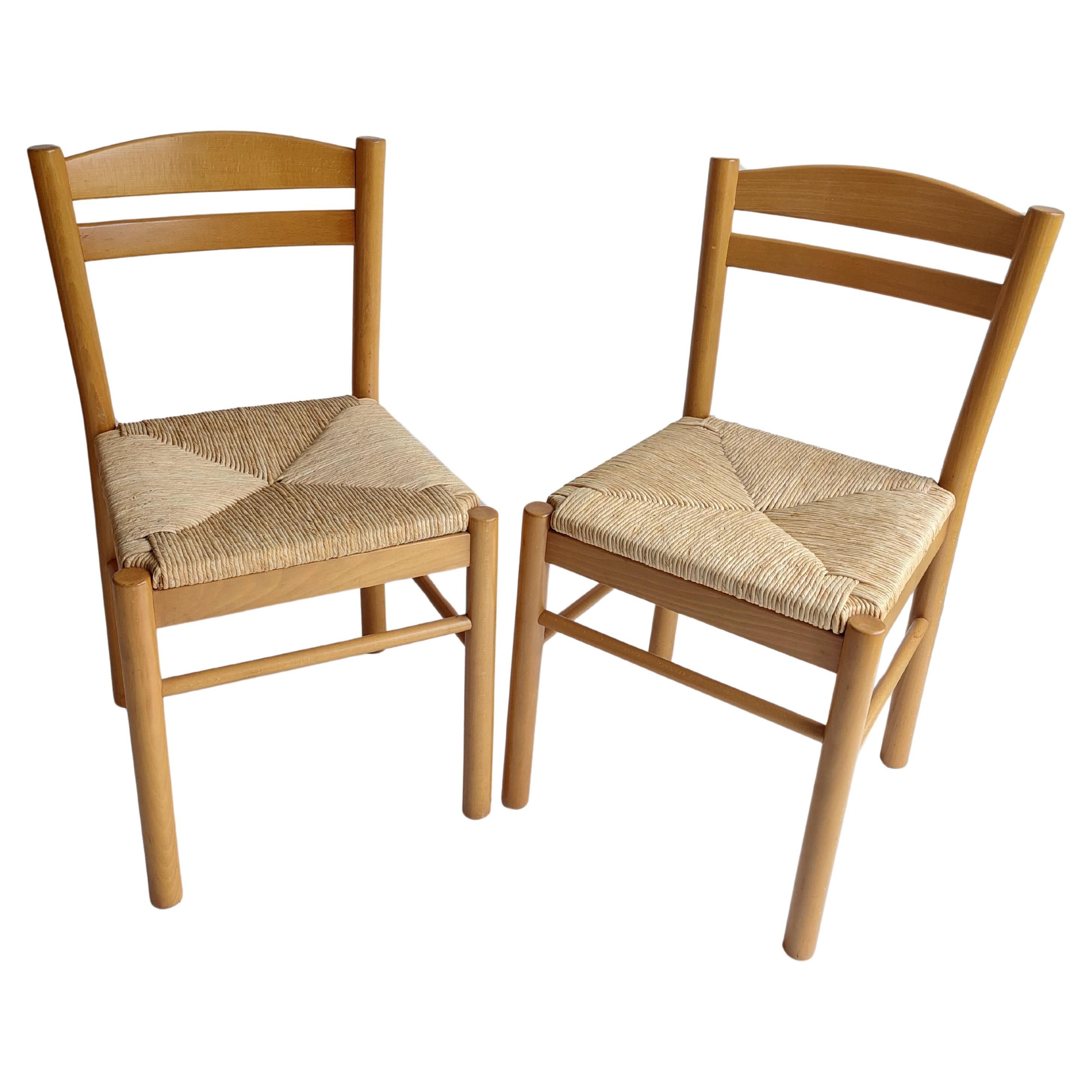Mid Century Beech and rush seat kitchen dining chairs Carimati style, set of 2