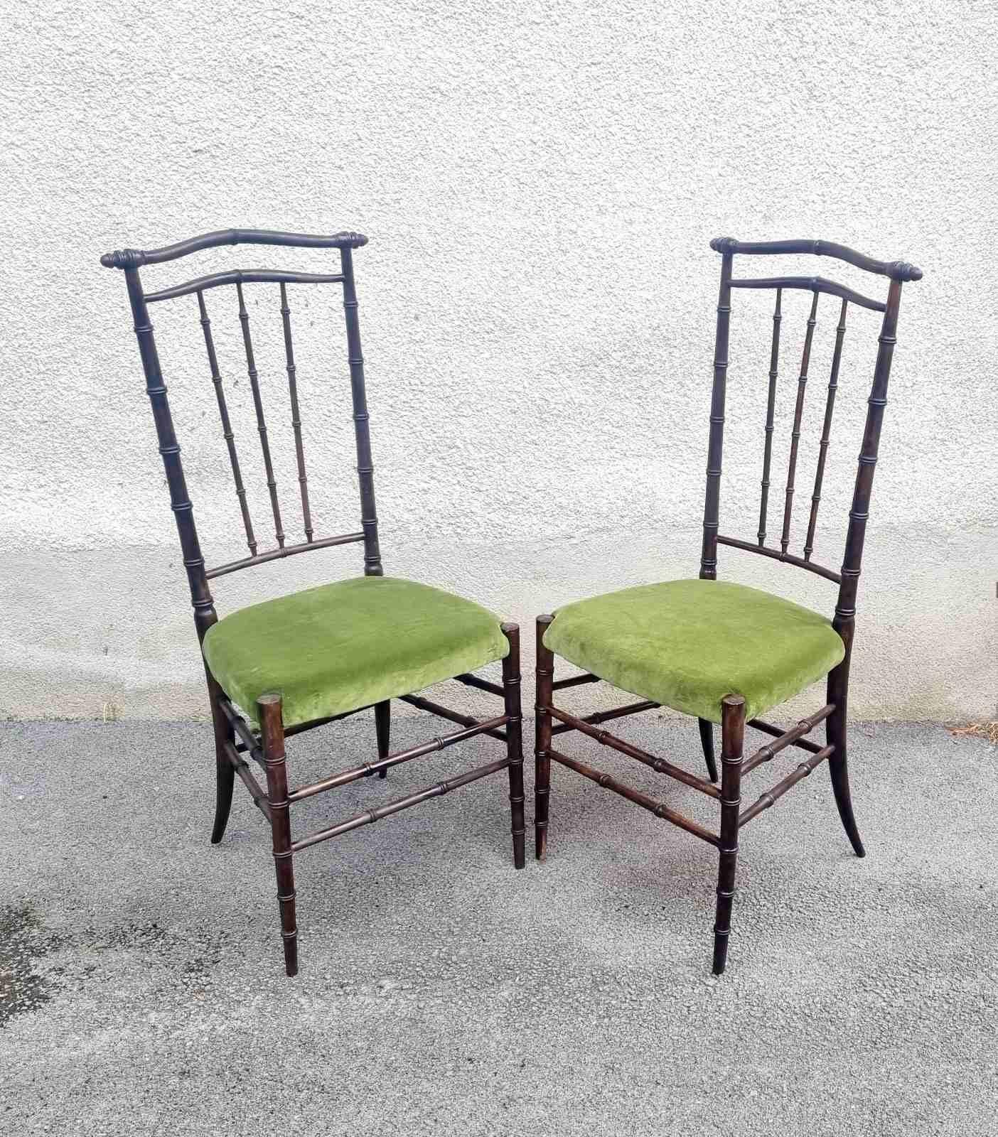 Sillas Auxiliares de Respaldo Alto de Haya y Terciopelo Chiavari de Mediados de Siglo, Italia Años 60, Pareja en venta 4