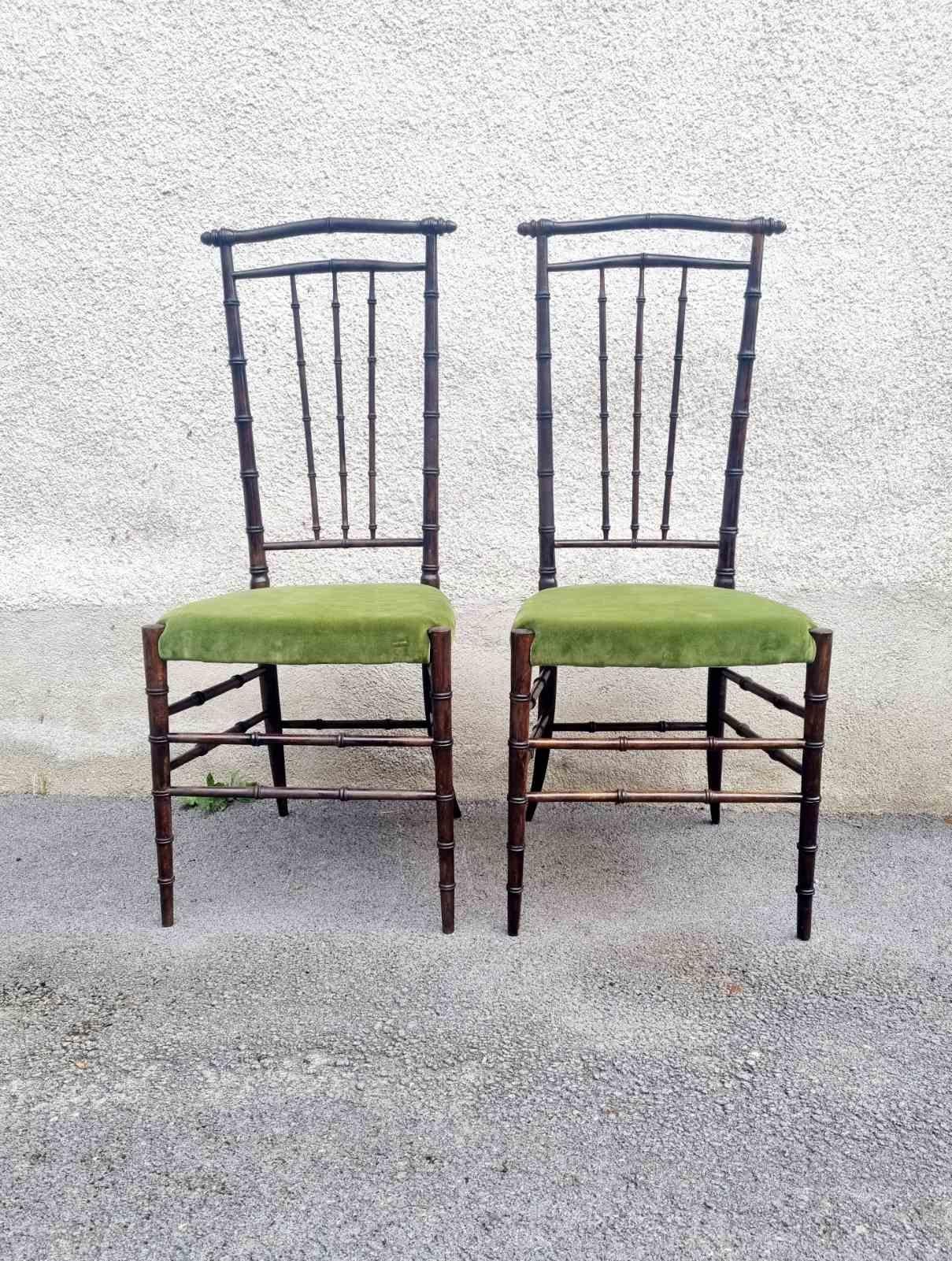 Sillas Auxiliares de Respaldo Alto de Haya y Terciopelo Chiavari de Mediados de Siglo, Italia Años 60, Pareja en venta 5