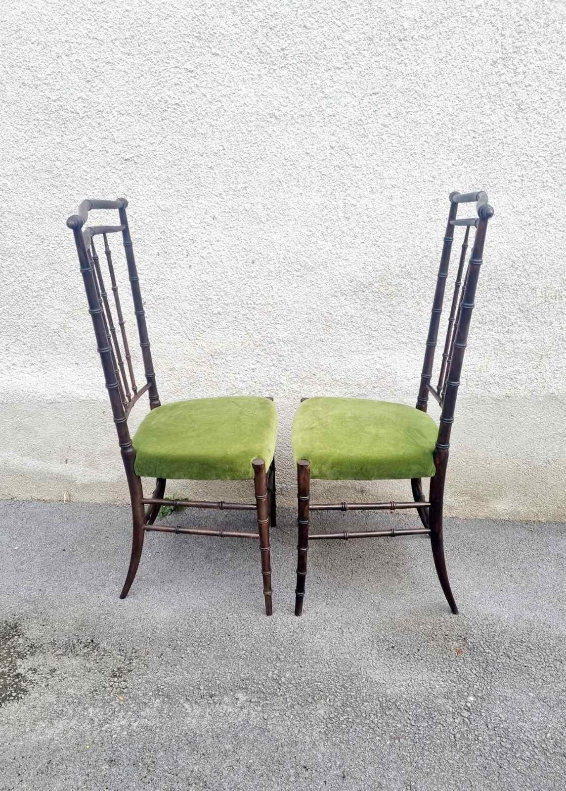 Sillas Auxiliares de Respaldo Alto de Haya y Terciopelo Chiavari de Mediados de Siglo, Italia Años 60, Pareja en venta 6