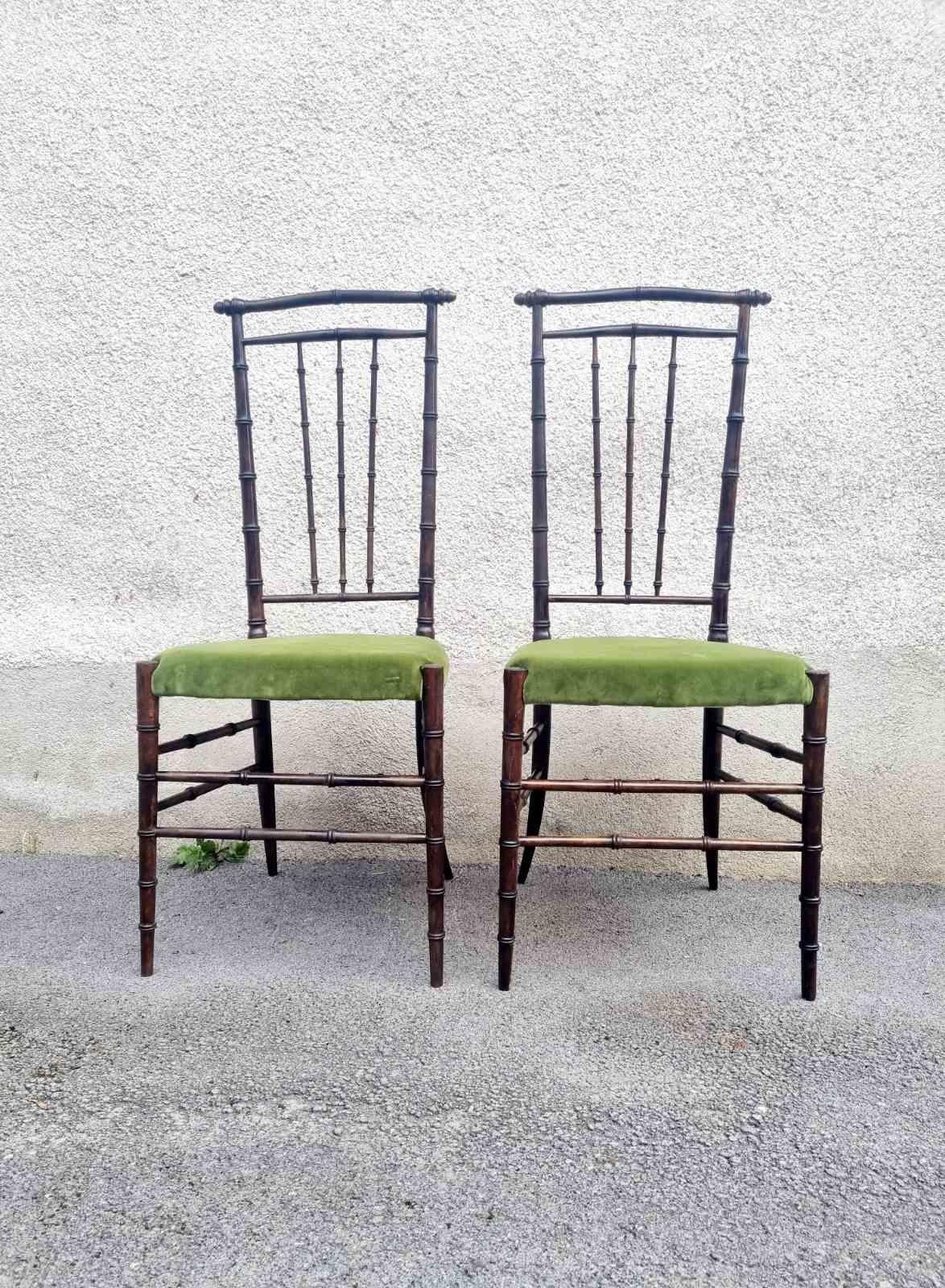 Sillas Auxiliares de Respaldo Alto de Haya y Terciopelo Chiavari de Mediados de Siglo, Italia Años 60, Pareja en venta 1