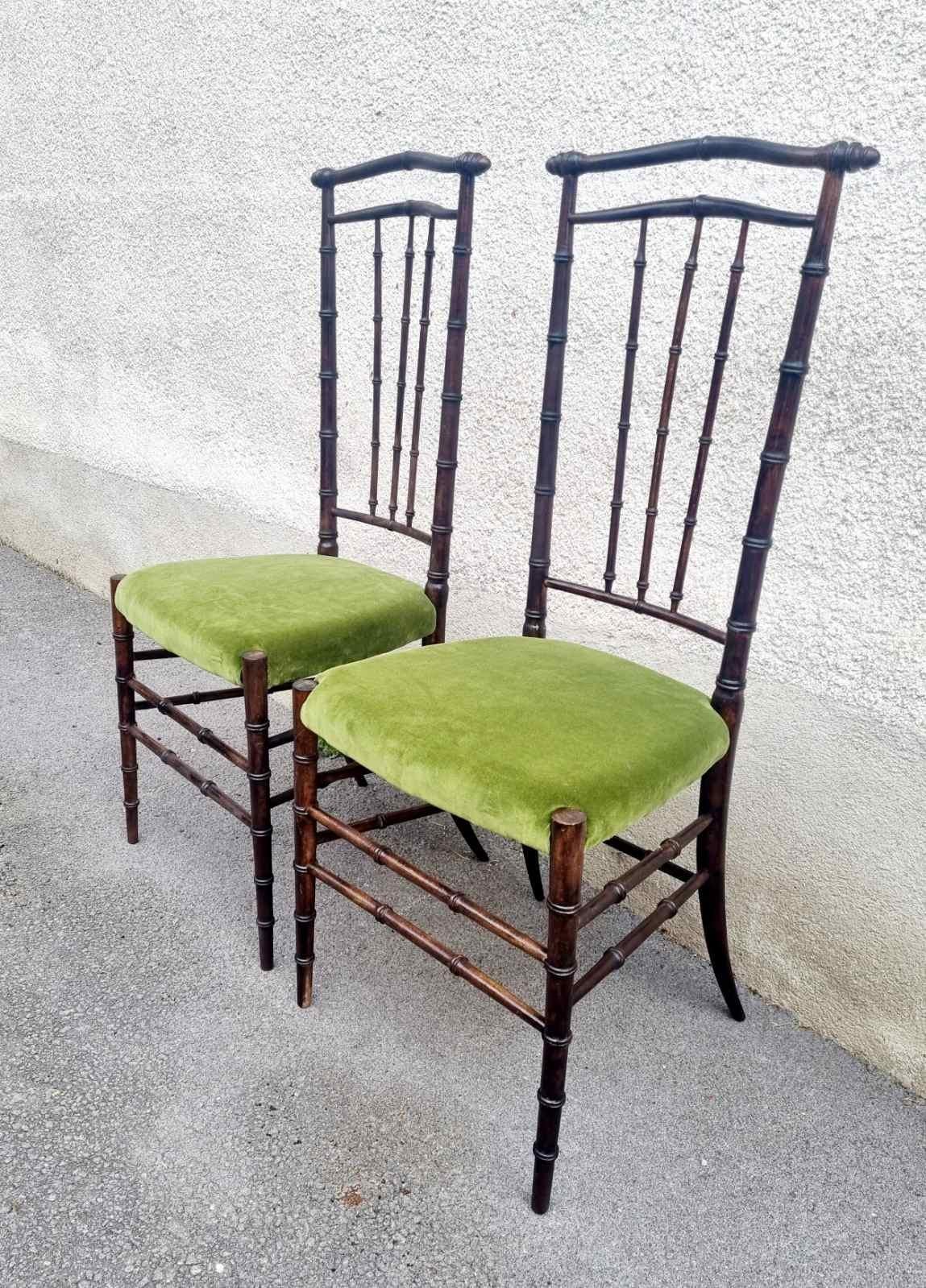 Sillas Auxiliares de Respaldo Alto de Haya y Terciopelo Chiavari de Mediados de Siglo, Italia Años 60, Pareja en venta 3