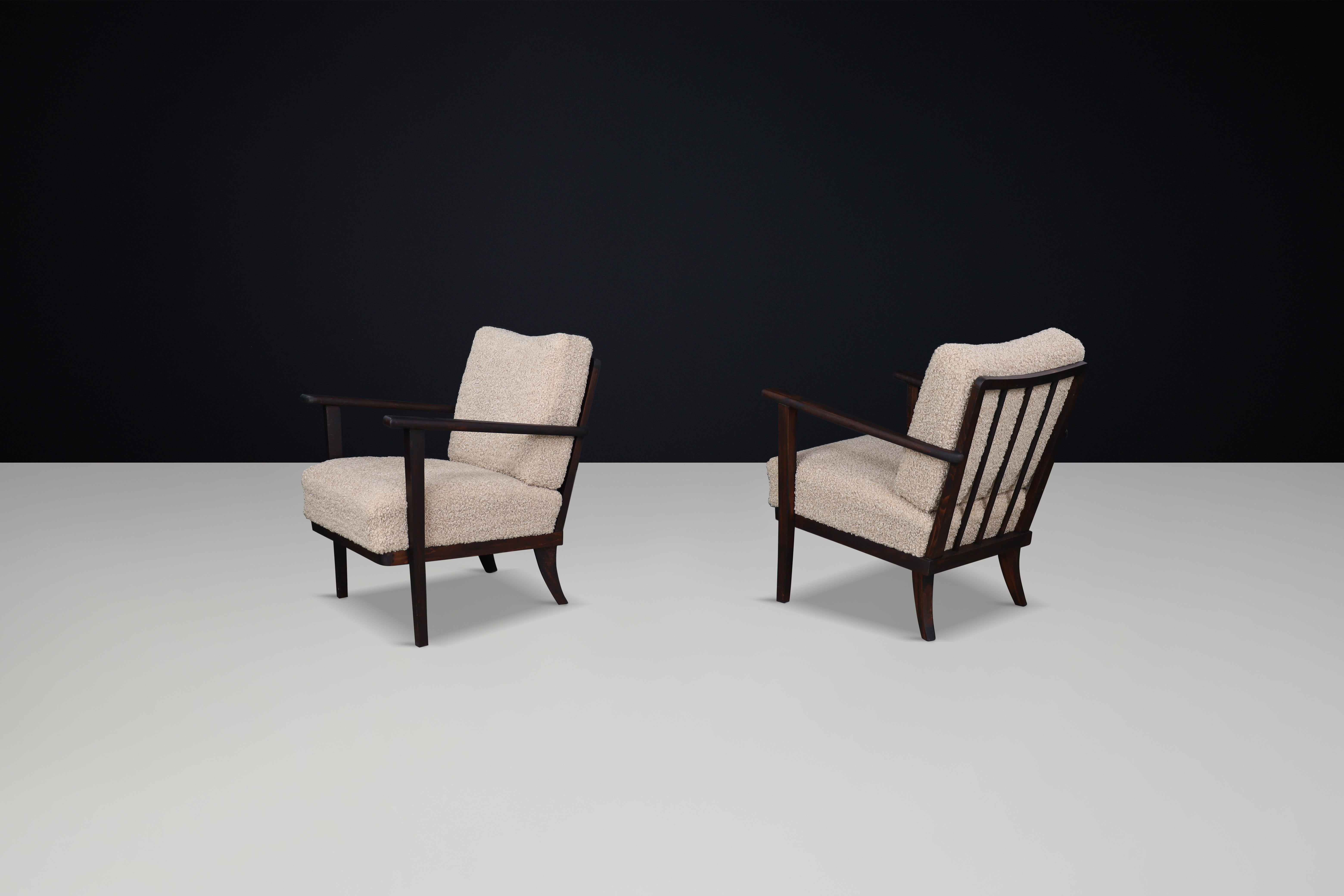 French Mid-Century Beech Armchairs in Oak and Teddy Upholstery, France, 1950s For Sale