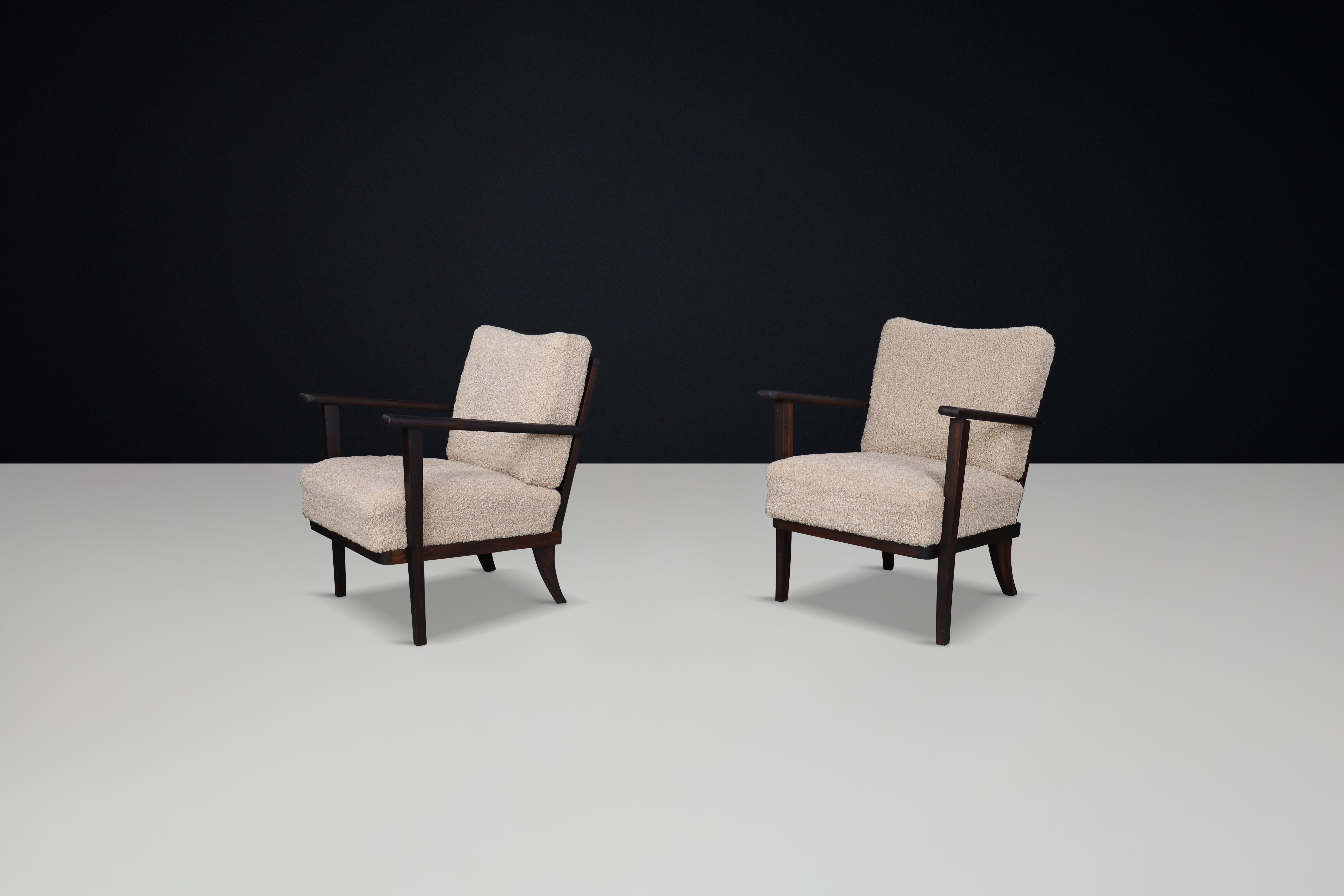 Mid-Century Beech Armchairs in Oak and Teddy Upholstery, France, 1950s In Good Condition For Sale In Almelo, NL