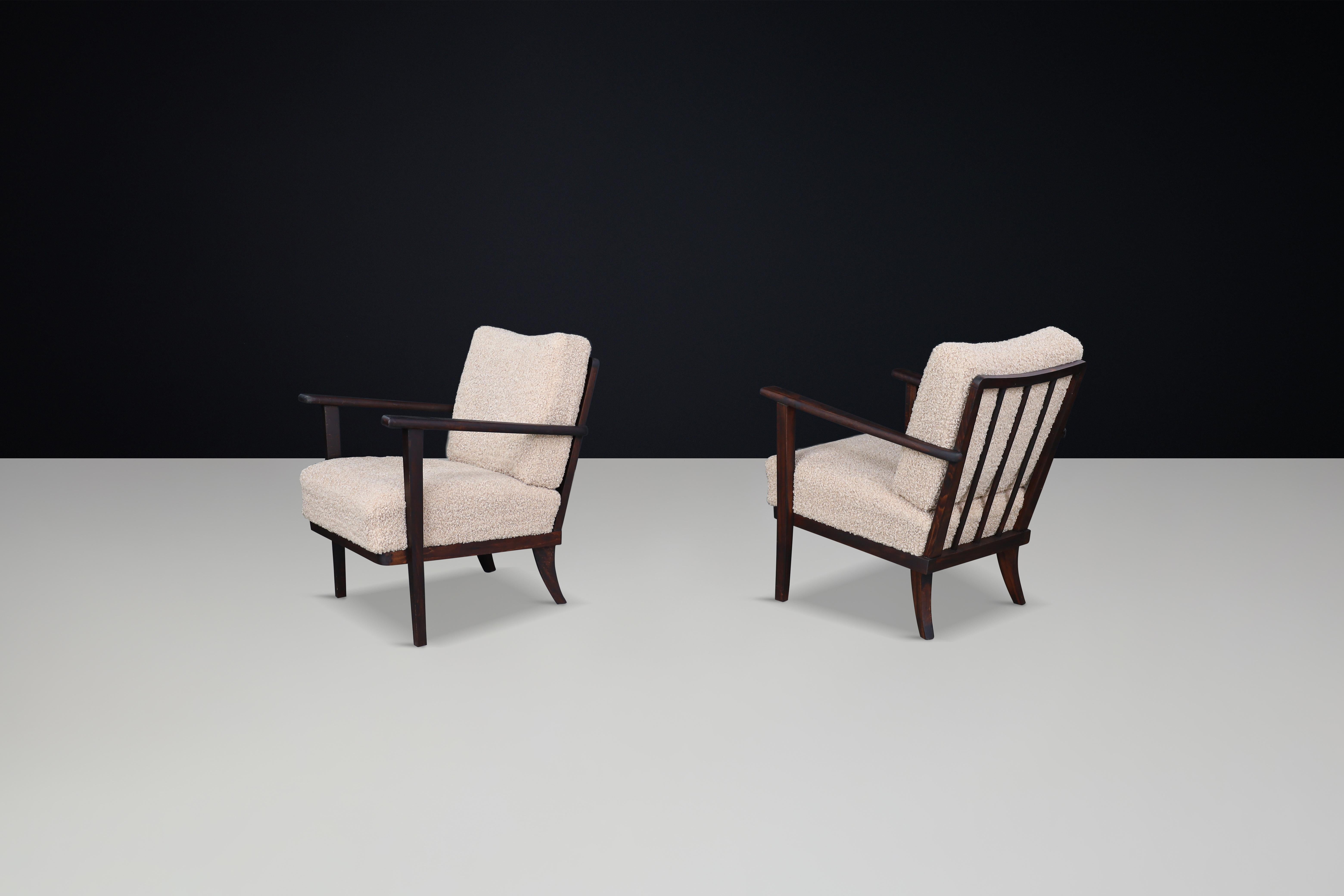20th Century Mid-Century Beech Armchairs in Oak and Teddy Upholstery, France, 1950s For Sale