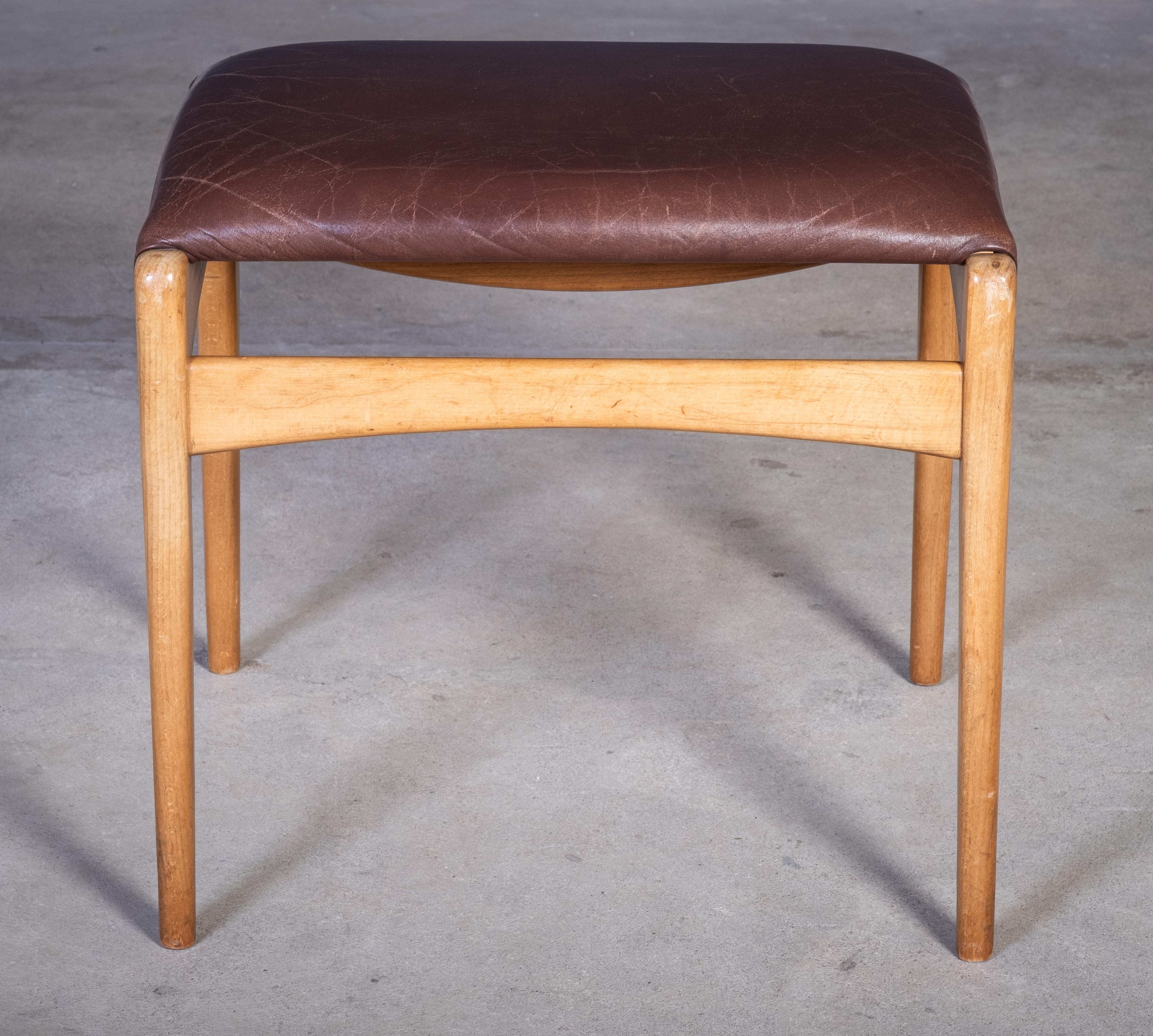 Danish Mid-Century Beech Stool with Brown Leather Seat, Denmark, 1950s For Sale