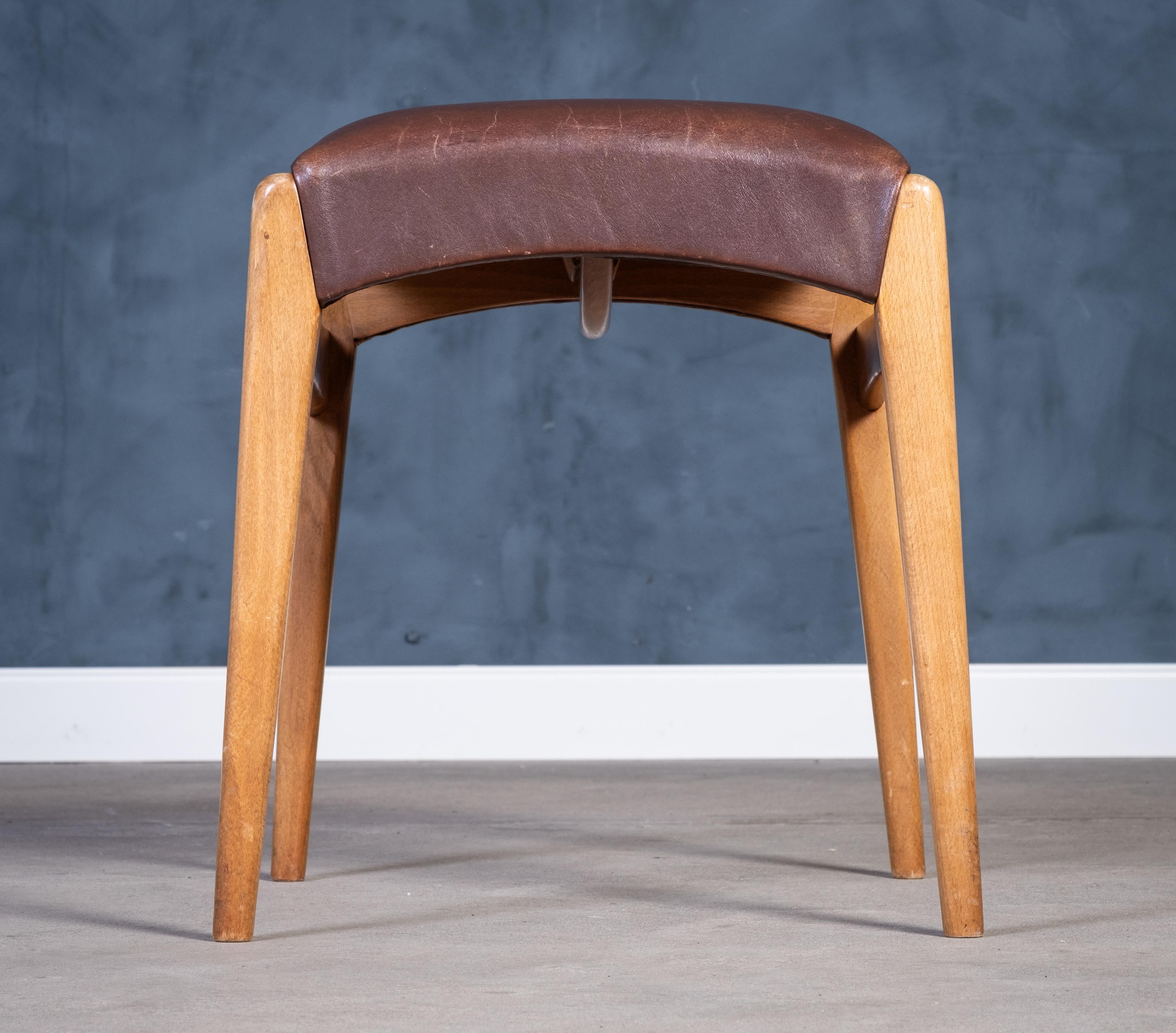 Mid-20th Century Mid-Century Beech Stool with Brown Leather Seat, Denmark, 1950s For Sale